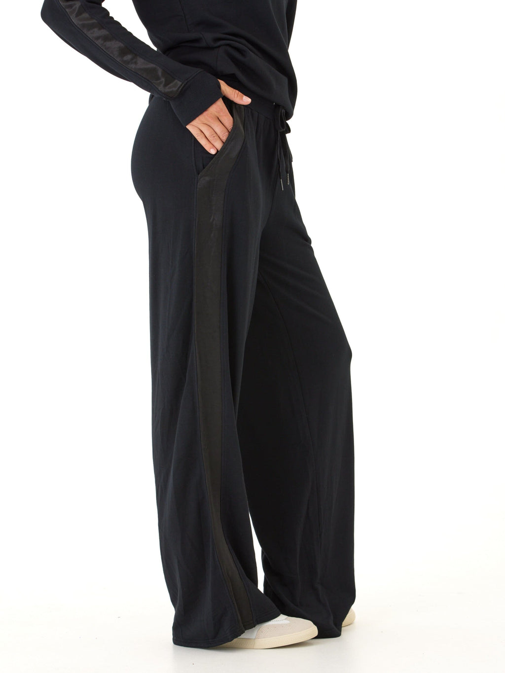 Diane Feather Fleece Wide Leg Pant with Satin Trim - Black