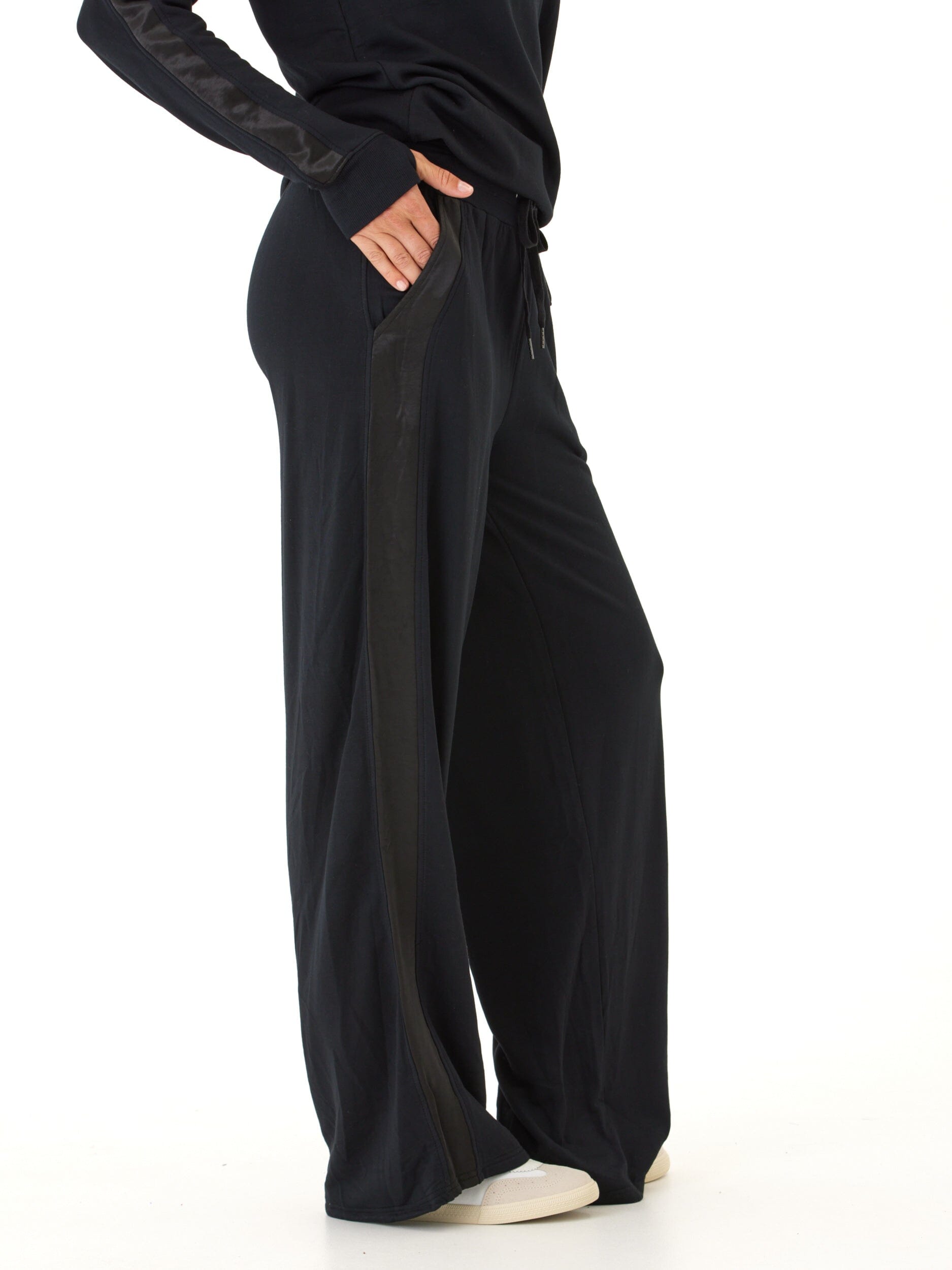 Diane Feather Fleece Wide Leg Pant with Satin Trim - Black