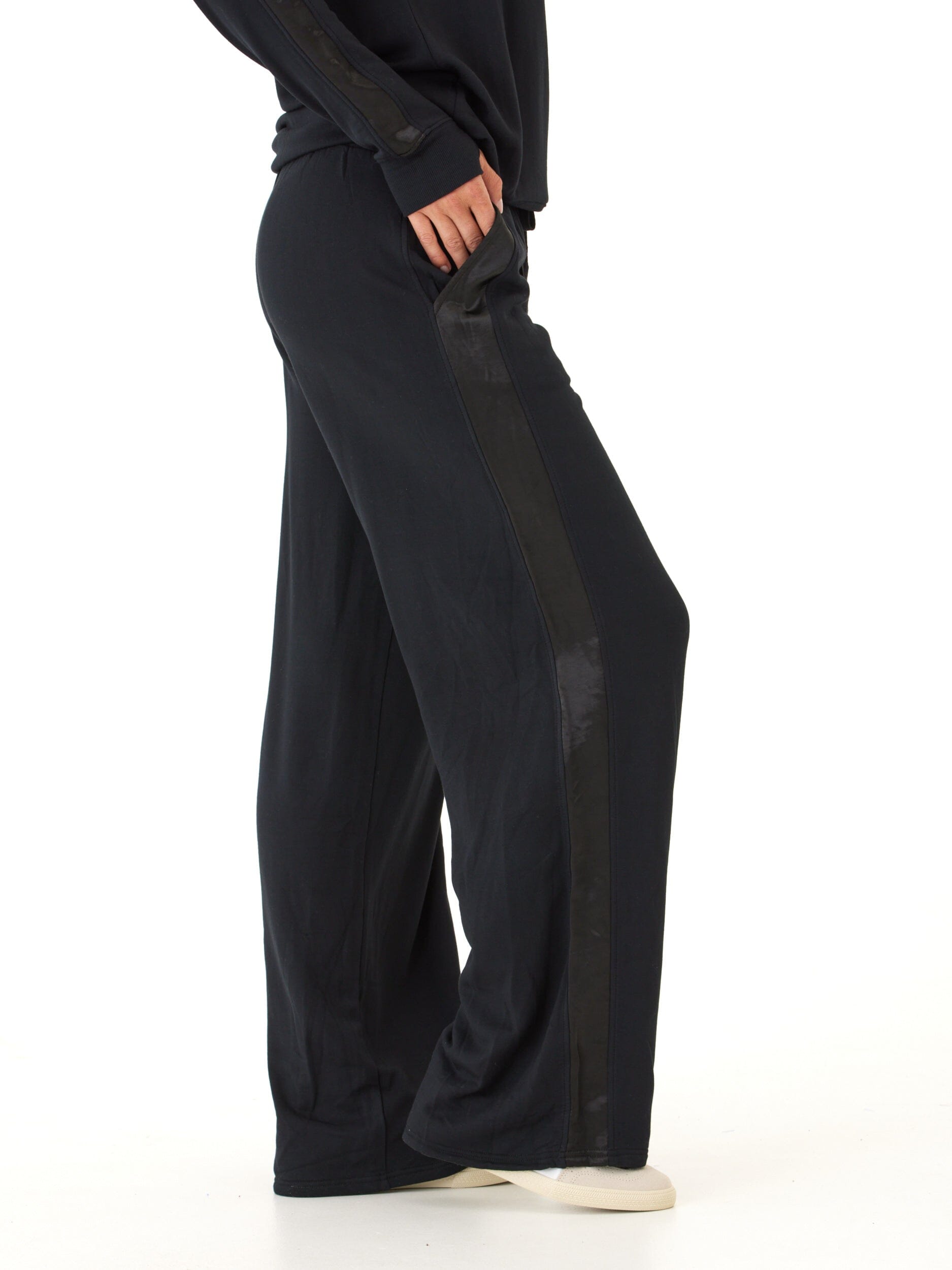 Diane Feather Fleece Wide Leg Pant with Satin Trim - Black