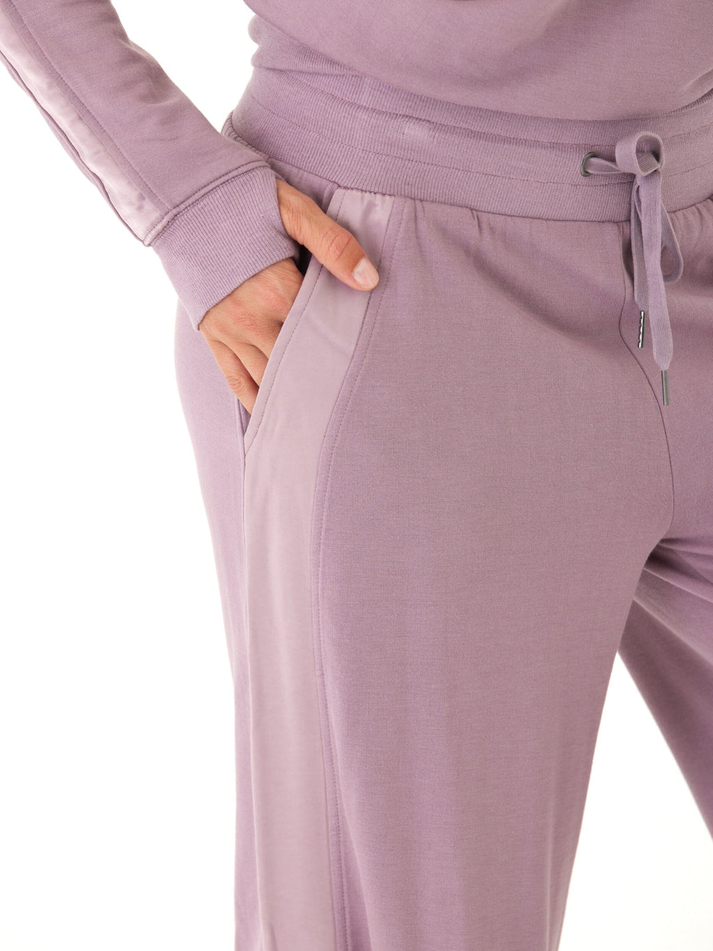 Feather Fleece Wide Leg Loungewear Pants with Satin Trim Detail