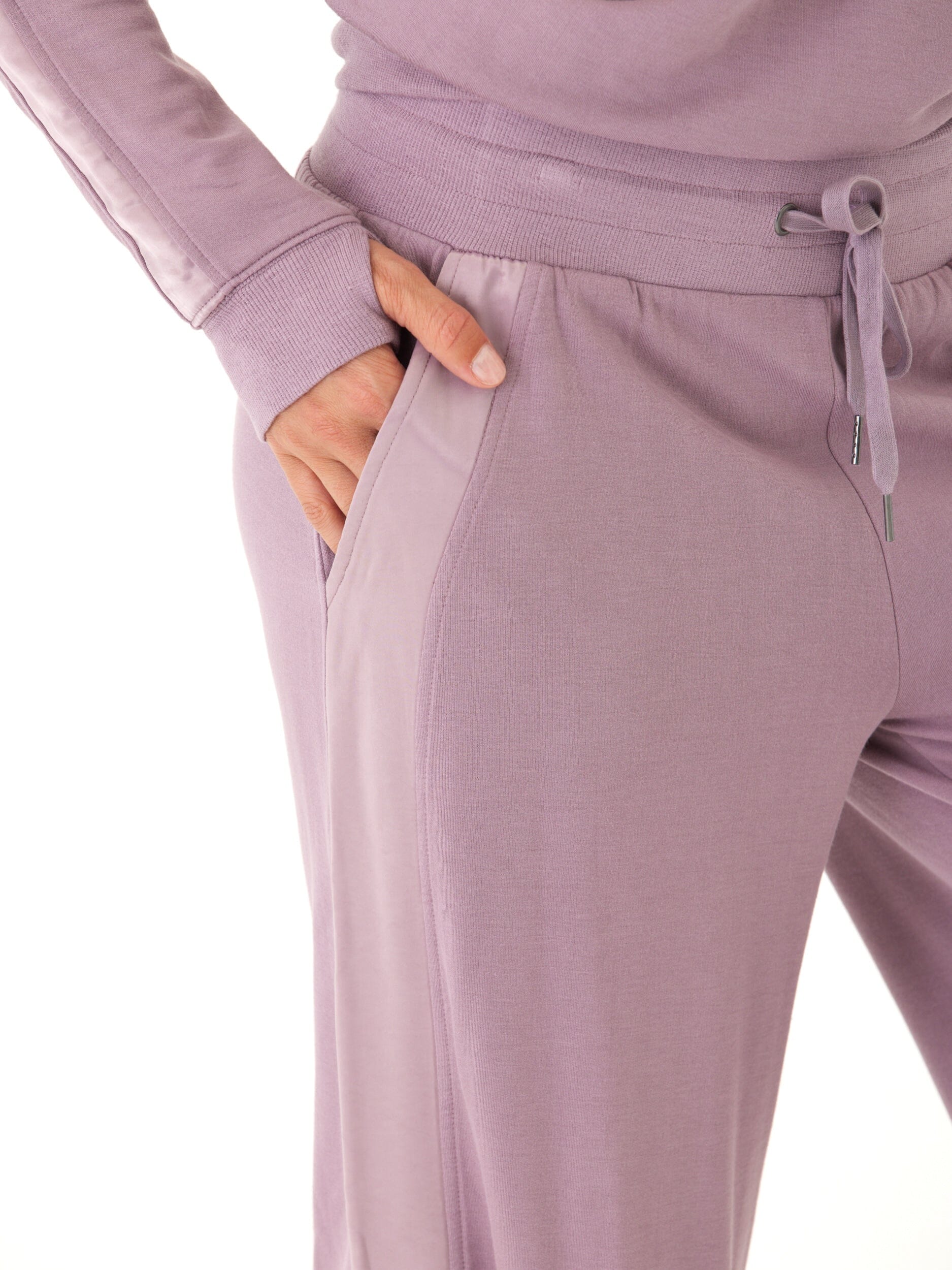 Feather Fleece Wide Leg Loungewear Pants with Satin Trim Detail