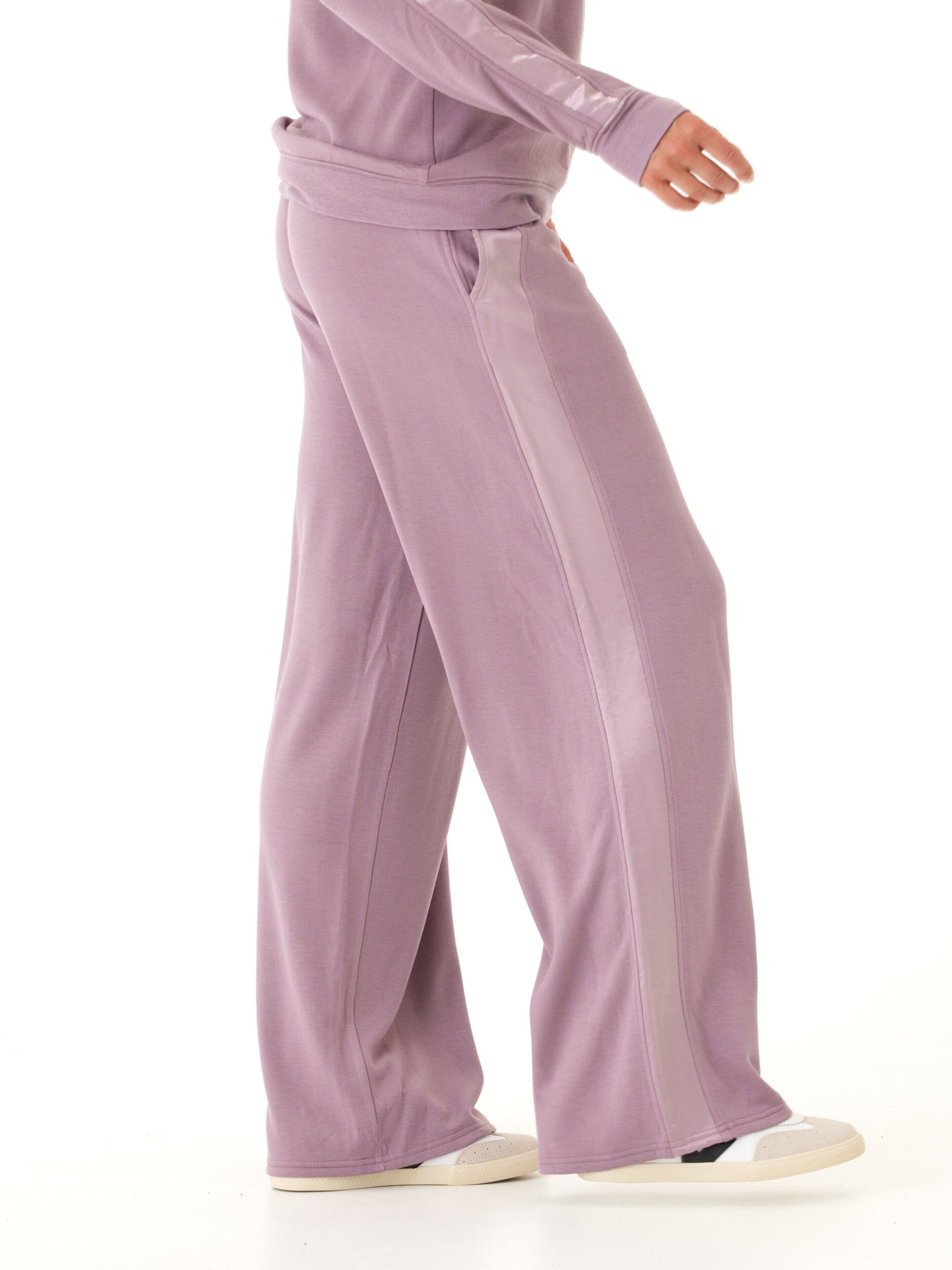 Feather Fleece Wide Leg Loungewear Pants with Satin Trim Detail