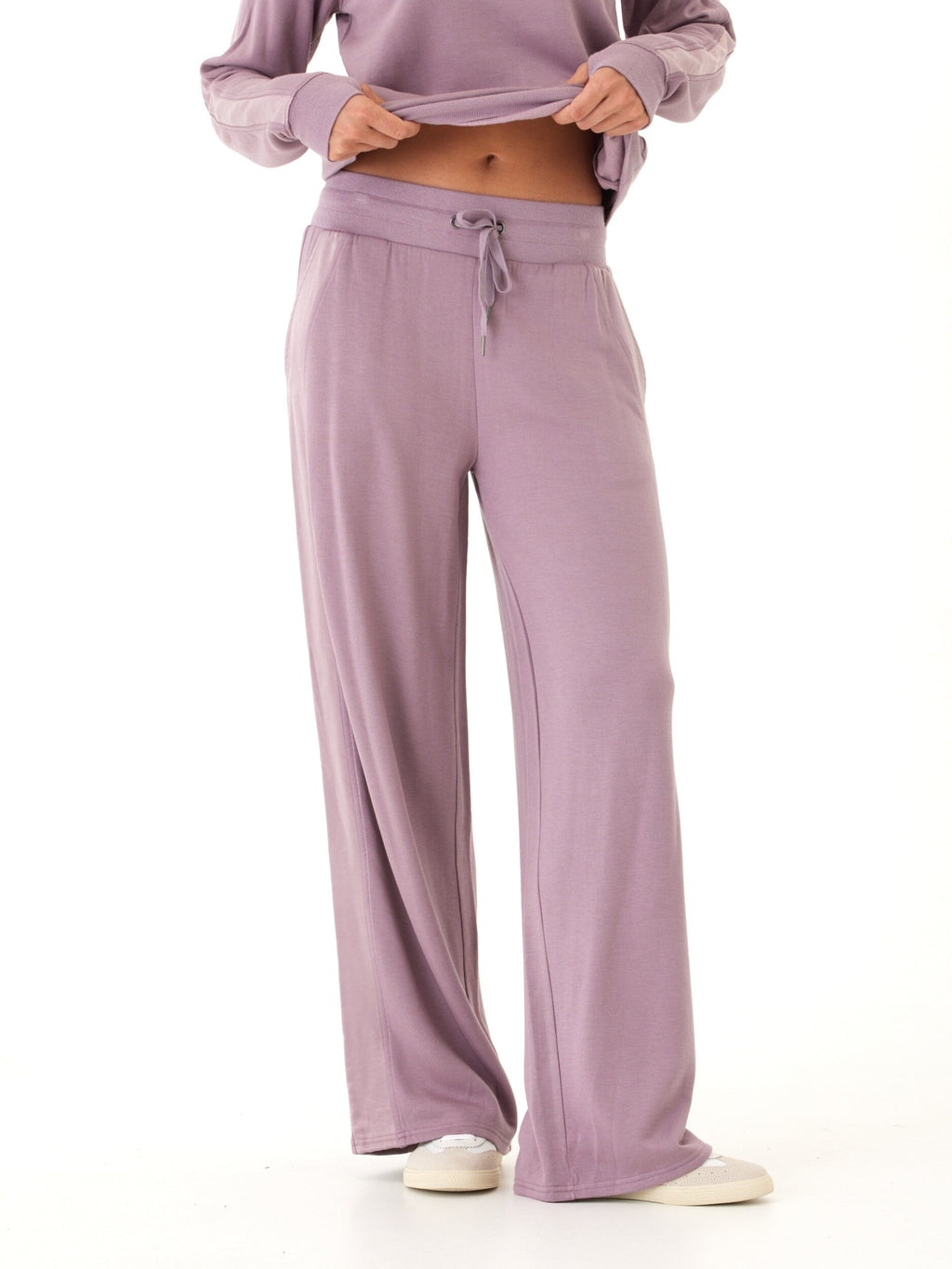 Feather Fleece Wide Leg Loungewear Pants with Satin Trim Detail