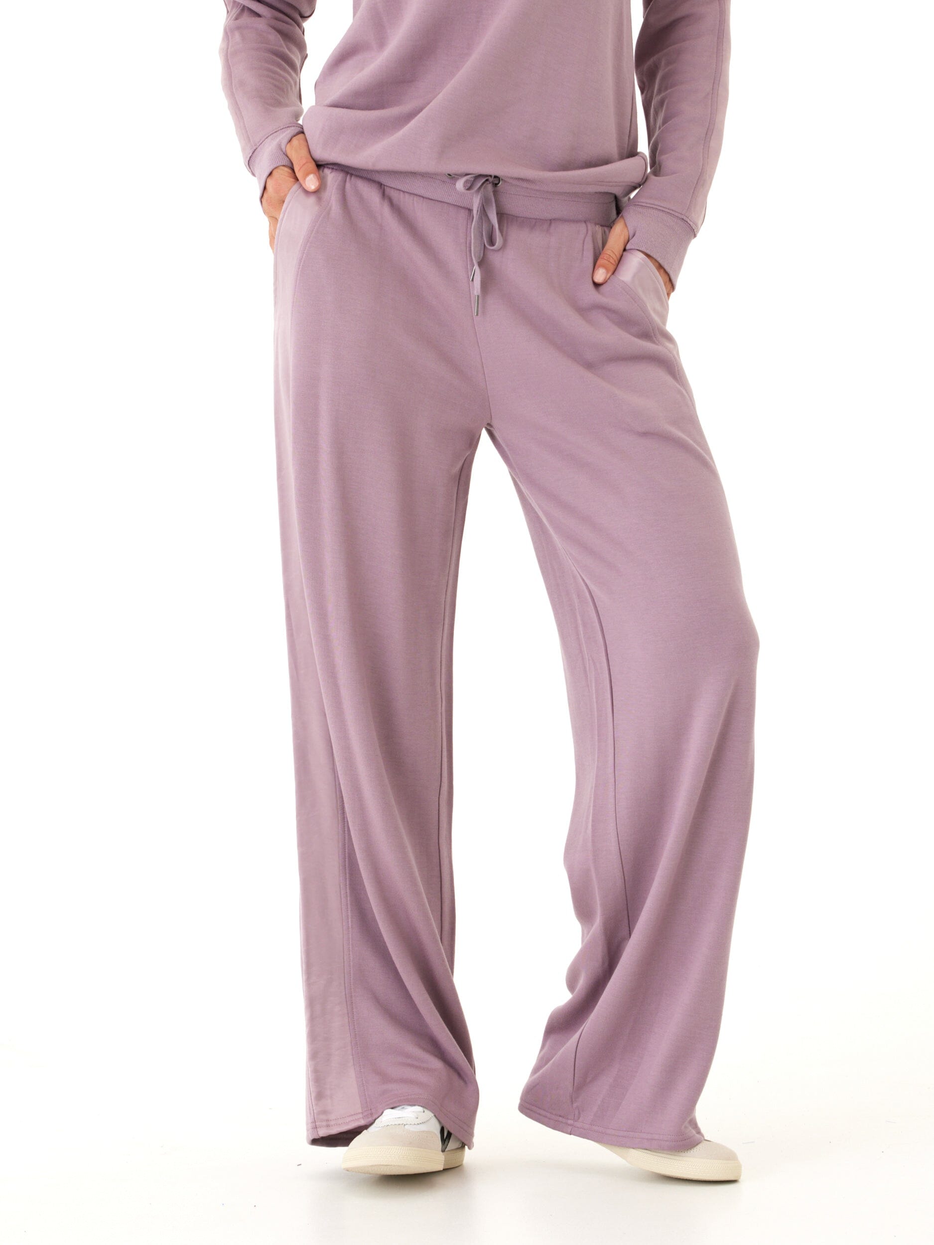 Feather Fleece Wide Leg Loungewear Pants with Satin Trim Detail
