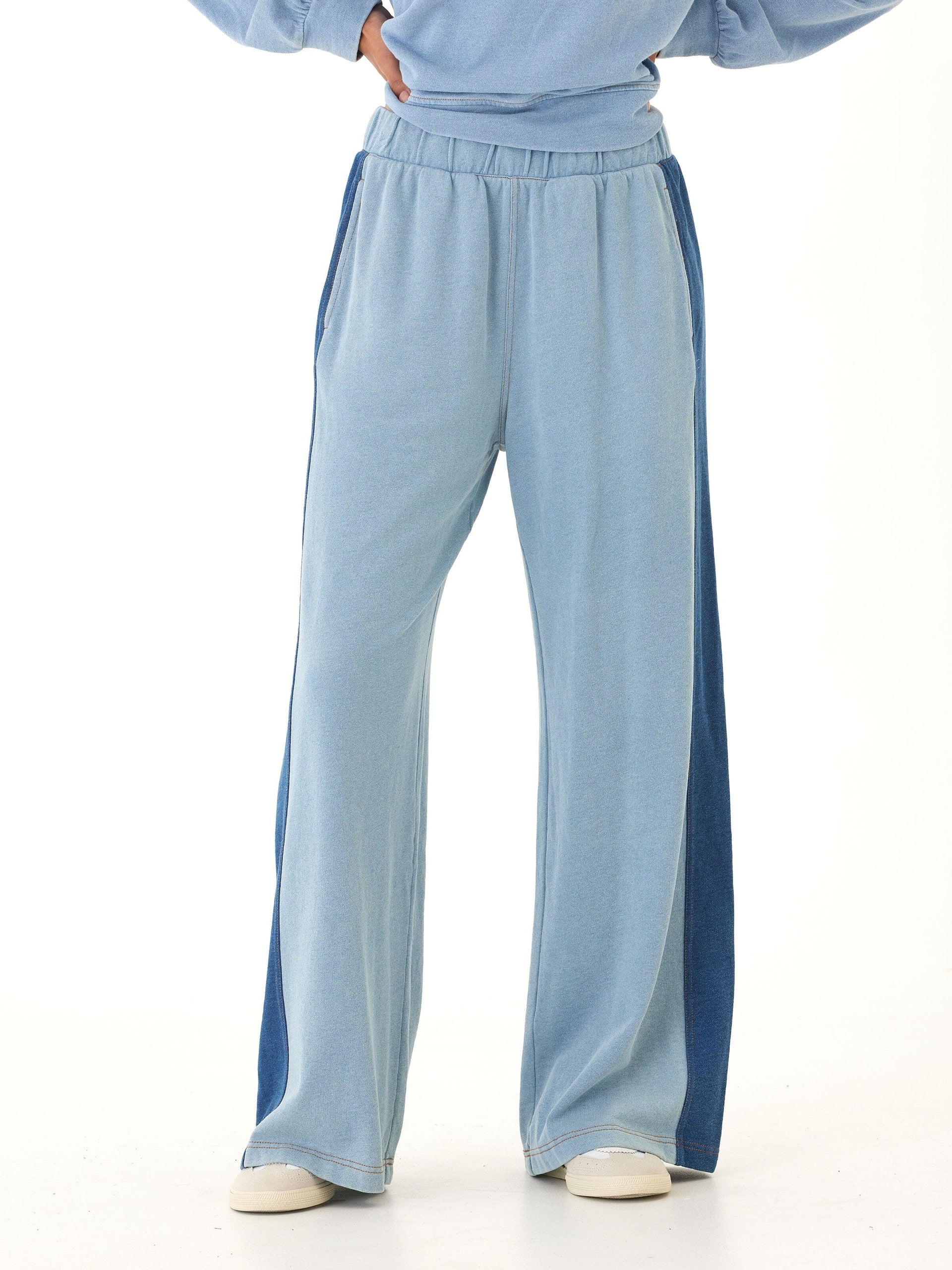 Dorothy Denim Terry Contrast Panel Wide-Leg Pant, Sporty Loungewear