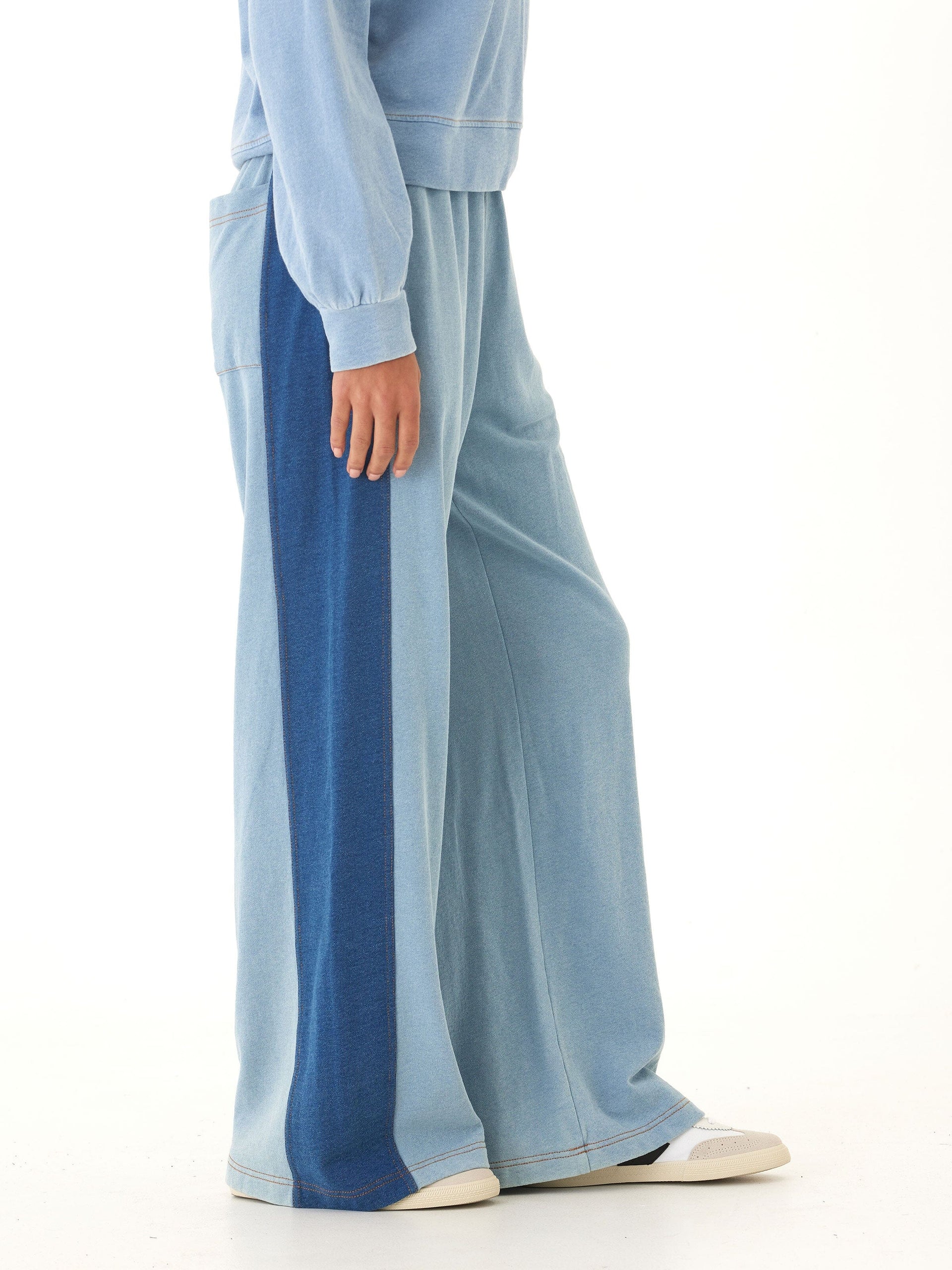 Dorothy Denim Terry Contrast Panel Wide-Leg Pant, Sporty Loungewear