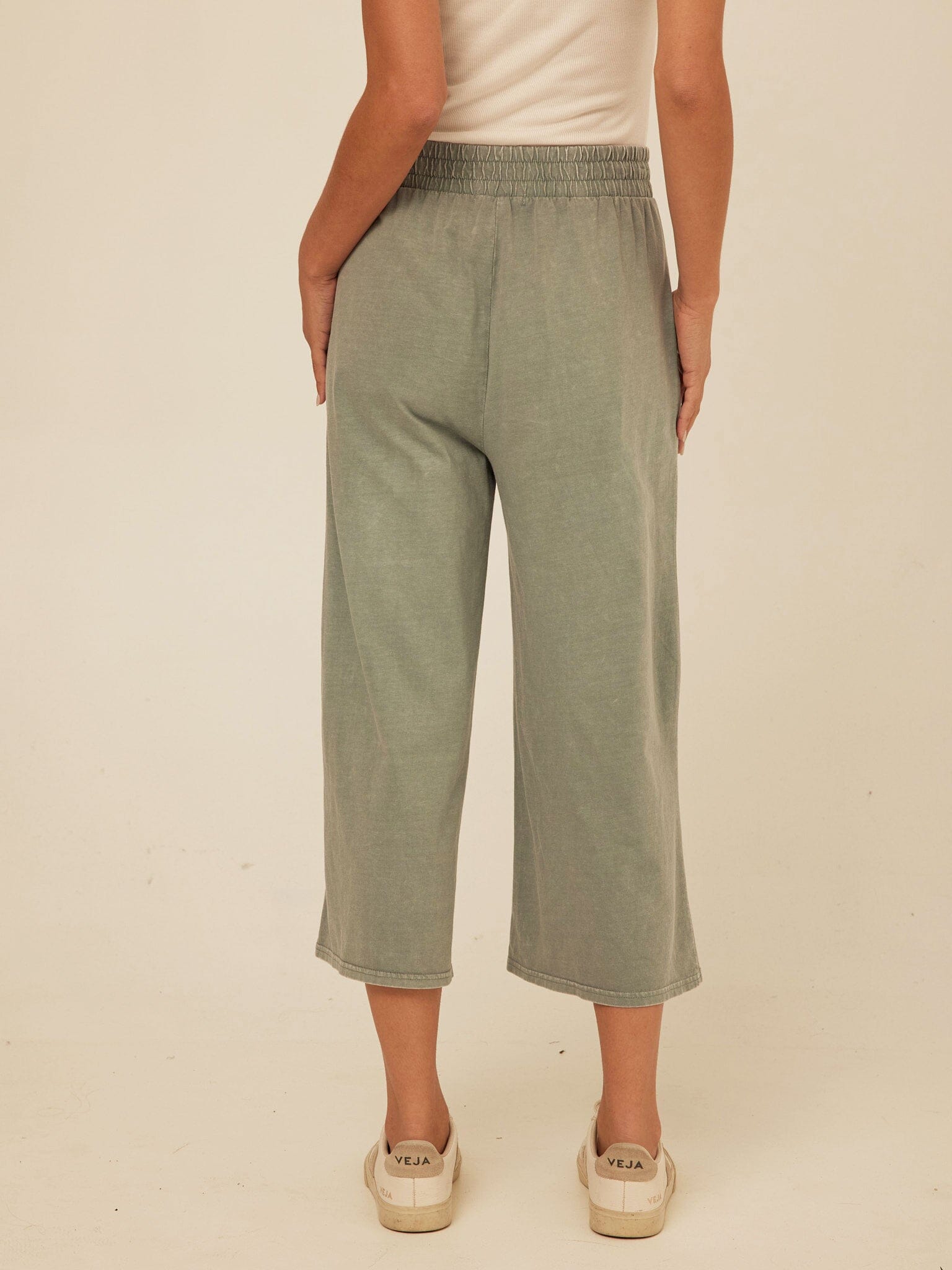Alva Mineral Wash Eco Jersey Wide Leg Capri Pant in Sage Green