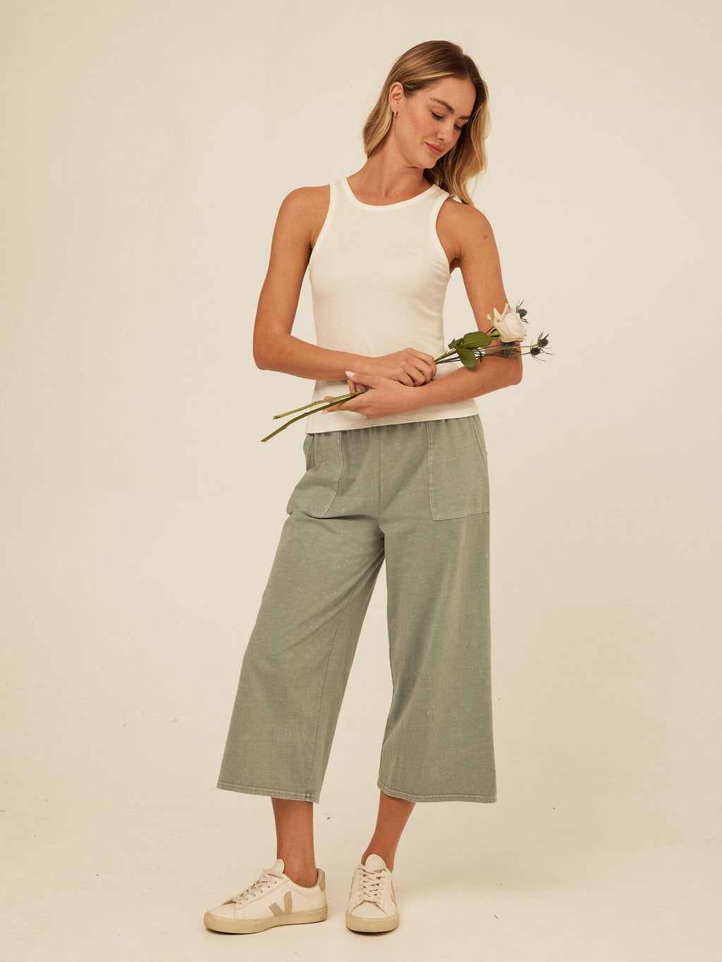 Alva Mineral Wash Eco Jersey Wide Leg Capri Pant in Sage Green