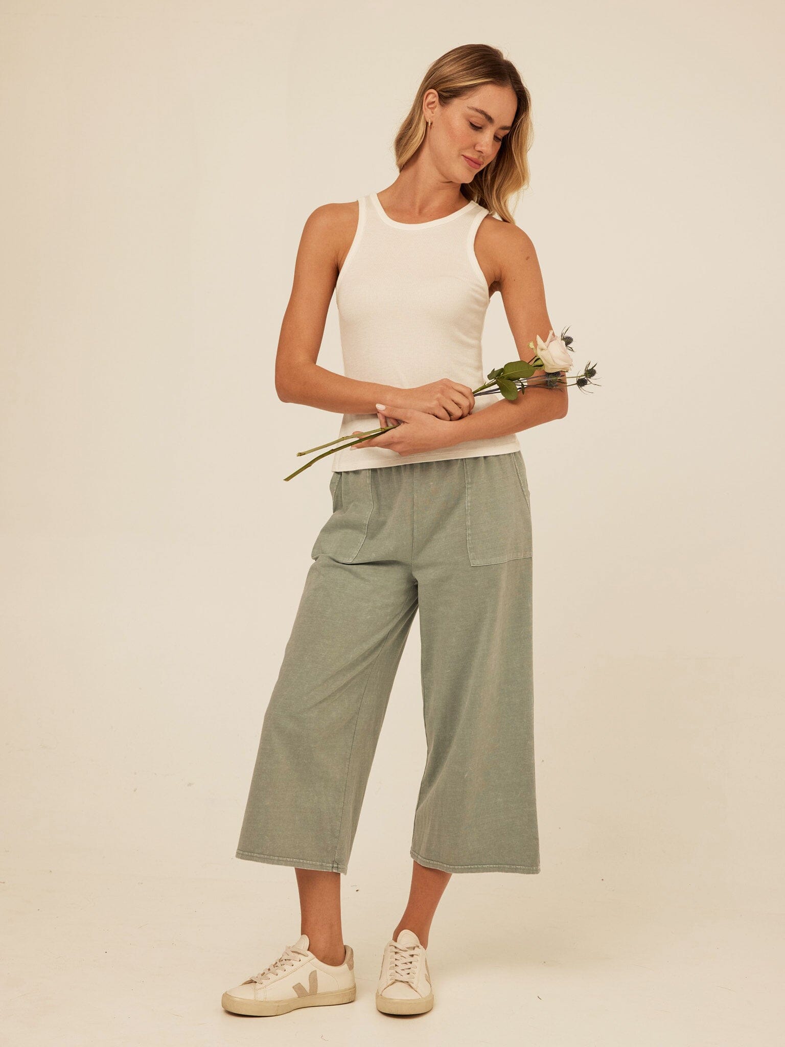Alva Mineral Wash Eco Jersey Wide Leg Capri Pant in Sage Green