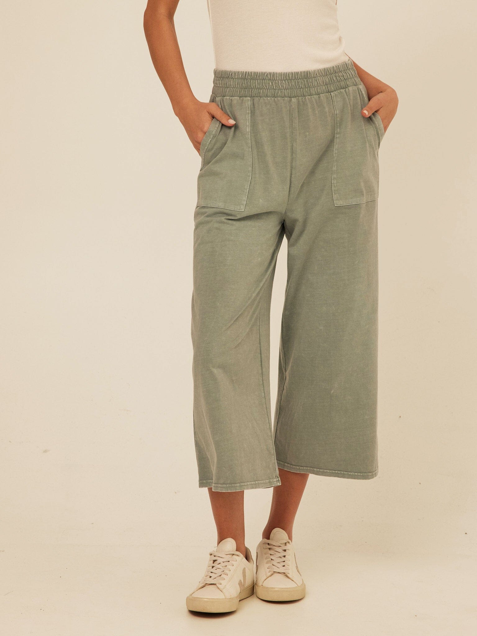 Alva Mineral Wash Eco Jersey Wide Leg Capri Pant in Sage Green