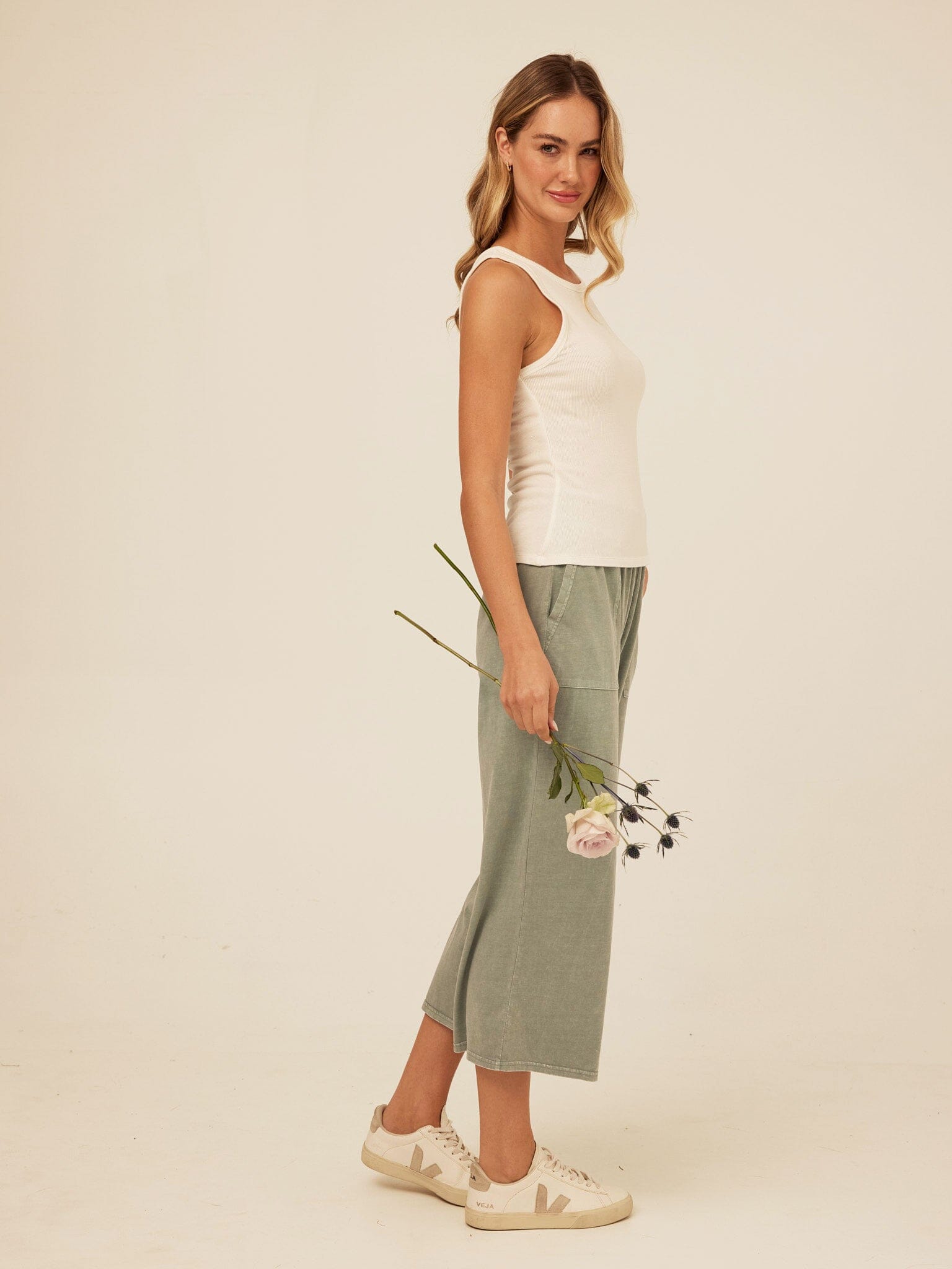 Alva Mineral Wash Eco Jersey Wide Leg Capri Pant in Sage Green showing the wide-leg silhouette and mineral wash finish.