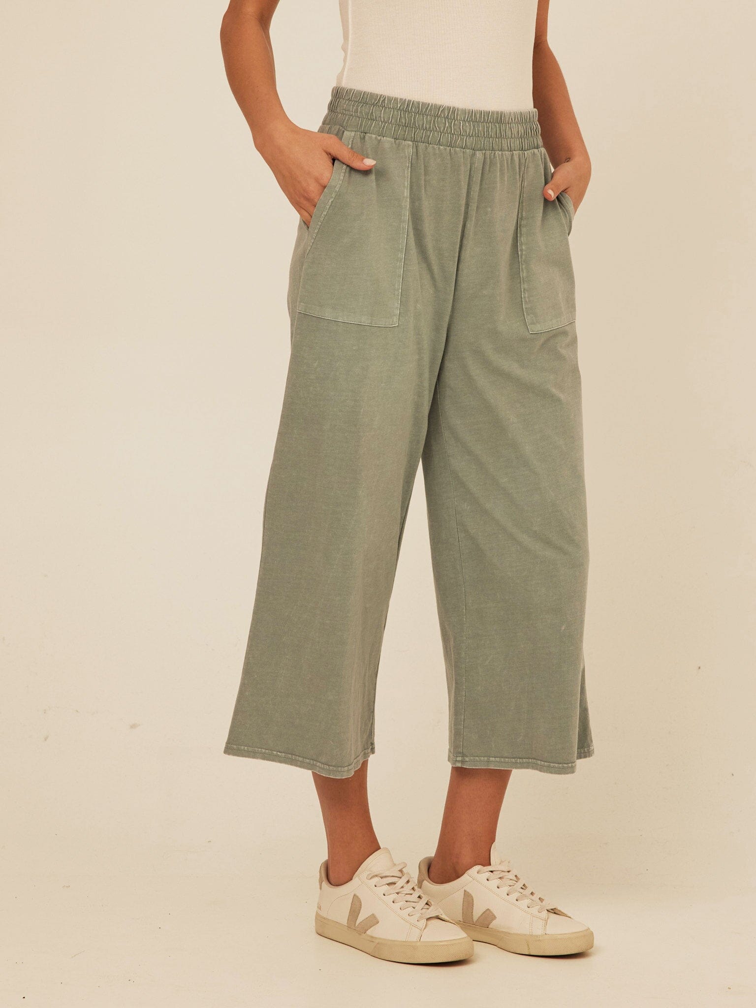 Alva Mineral Wash Eco Jersey Wide Leg Capri Pant in Sage Green
