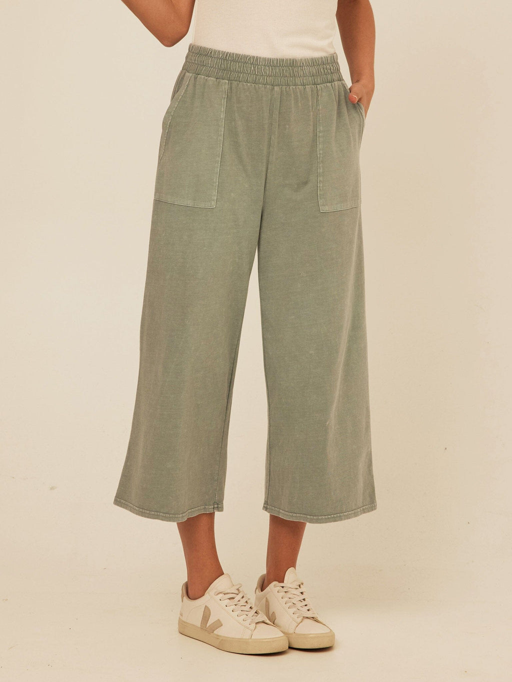 Alva Mineral Wash Eco Jersey Wide Leg Capri Pant in Sage Green