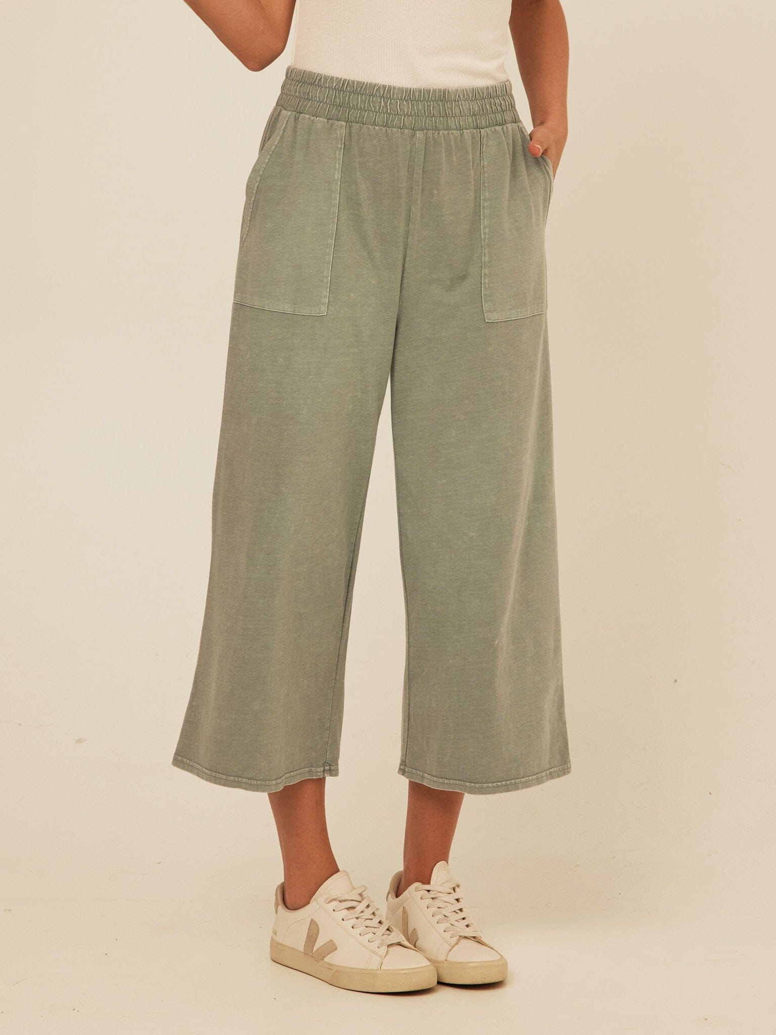 Alva Mineral Wash Eco Jersey Wide Leg Capri Pant in Sage Green