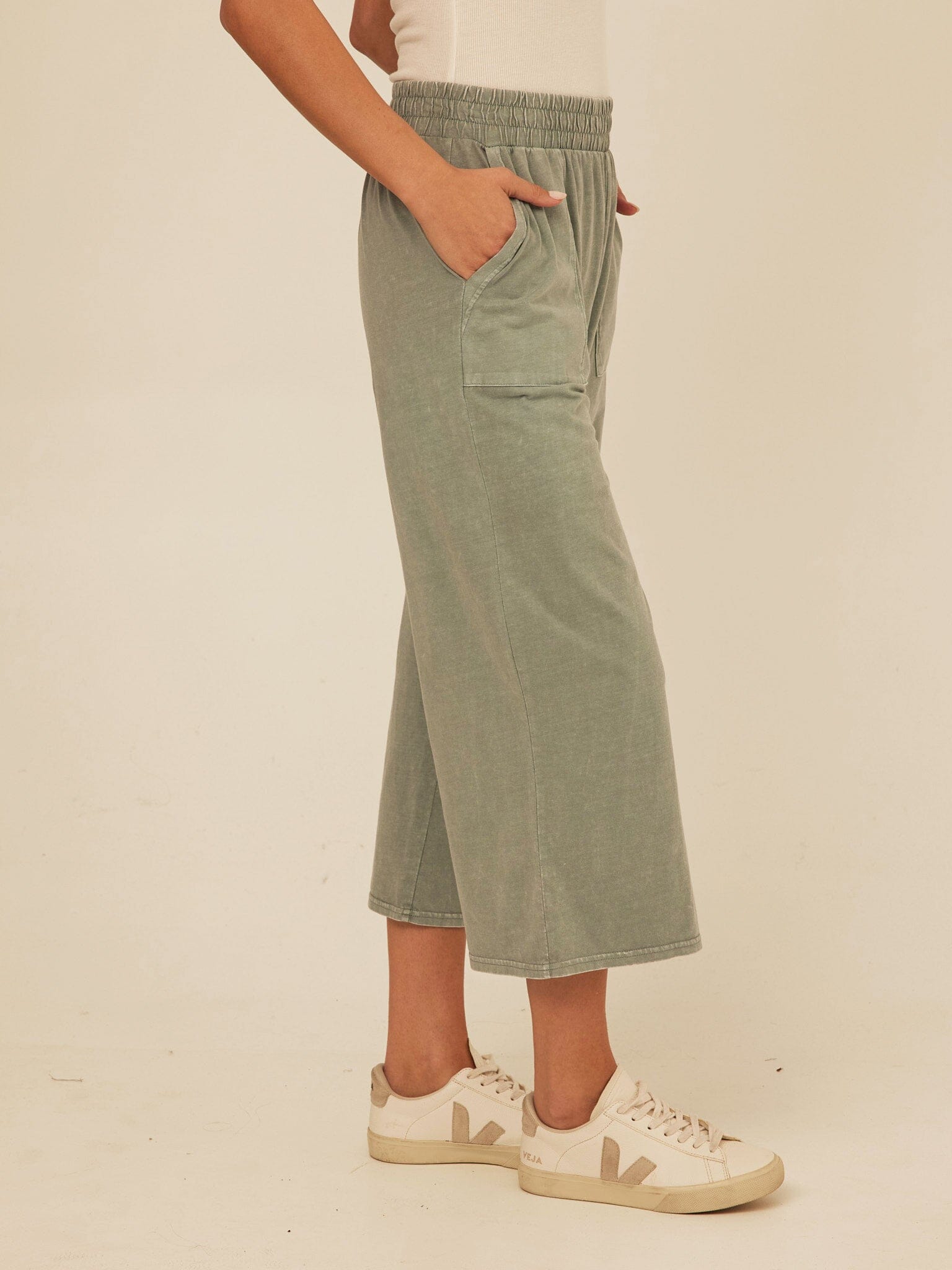 Alva Mineral Wash Eco Jersey Wide Leg Capri Pant in Sage Green