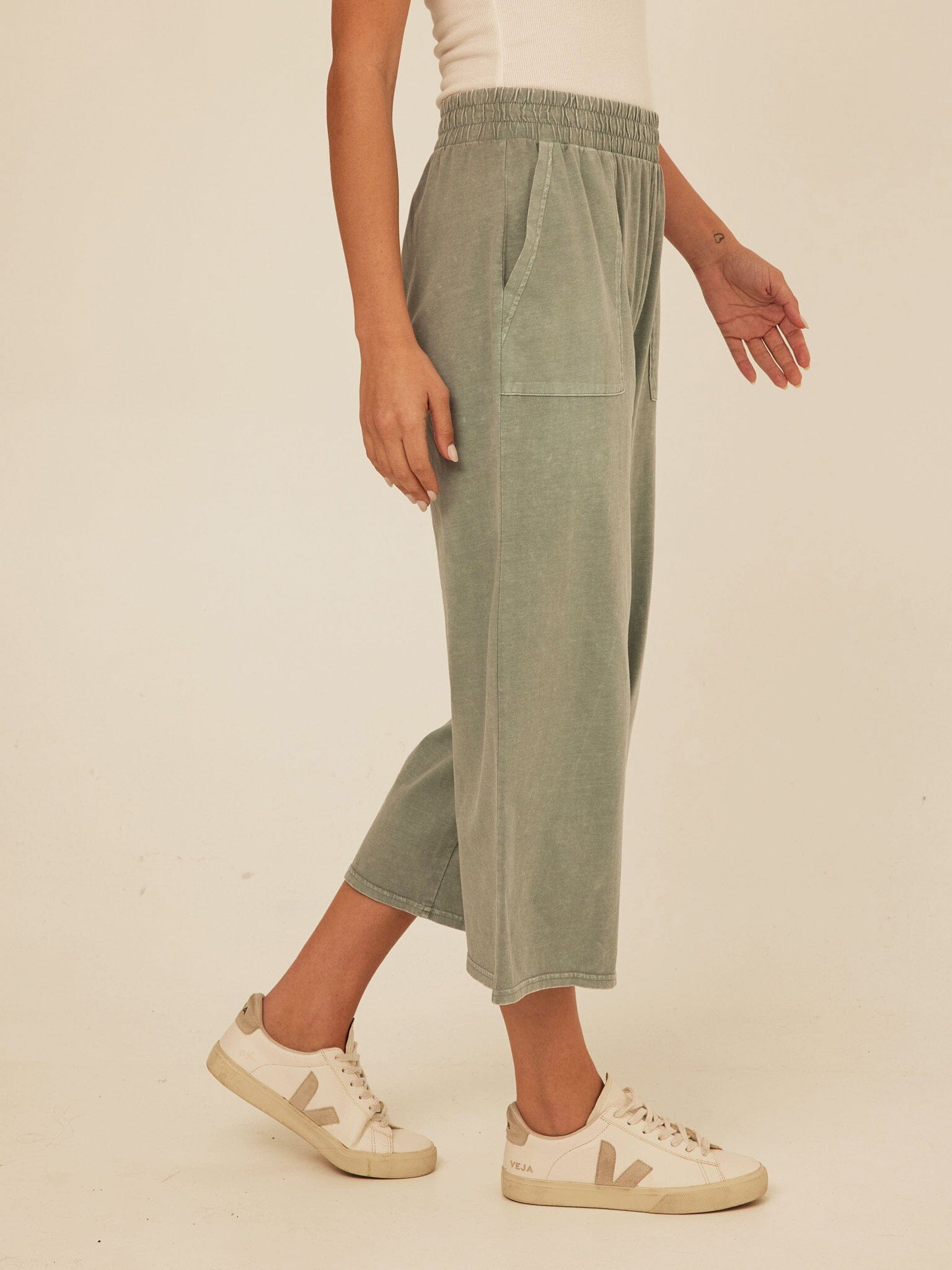 Alva Mineral Wash Eco Jersey Wide Leg Capri Pant in Sage Green