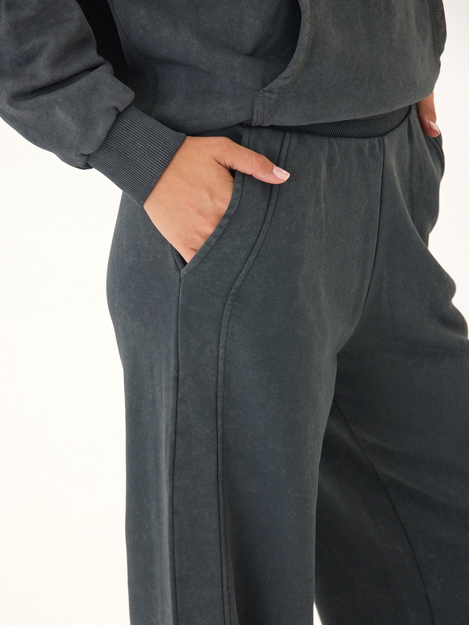 Core Feather Fleece Wide-Leg Sweatpant in Charcoal and Grey