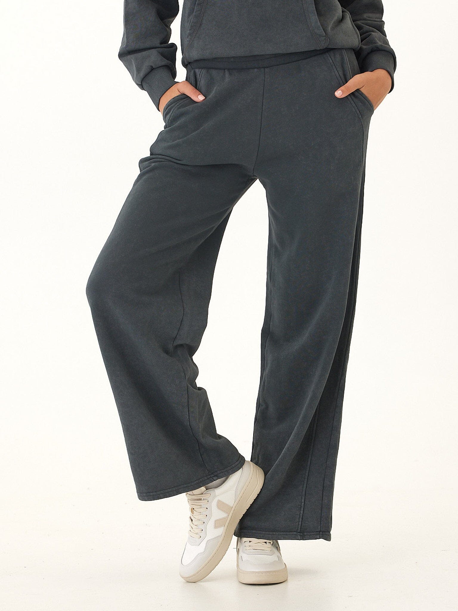 Core Feather Fleece Wide-Leg Sweatpant in Charcoal and Grey