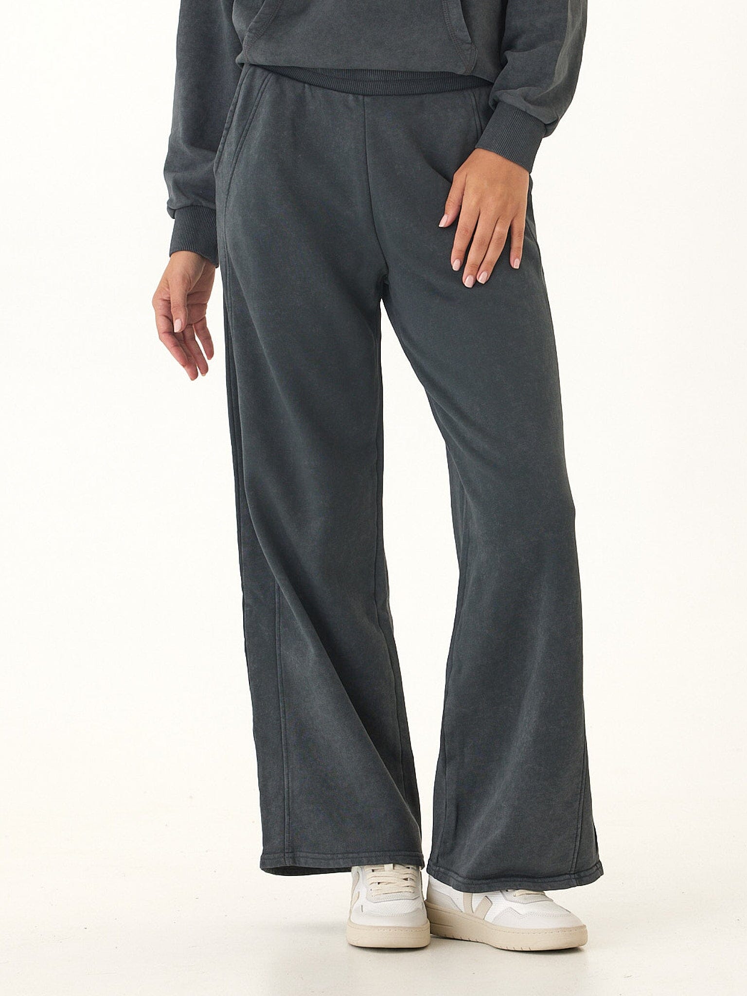 Core Feather Fleece Wide-Leg Sweatpant in Charcoal and Grey