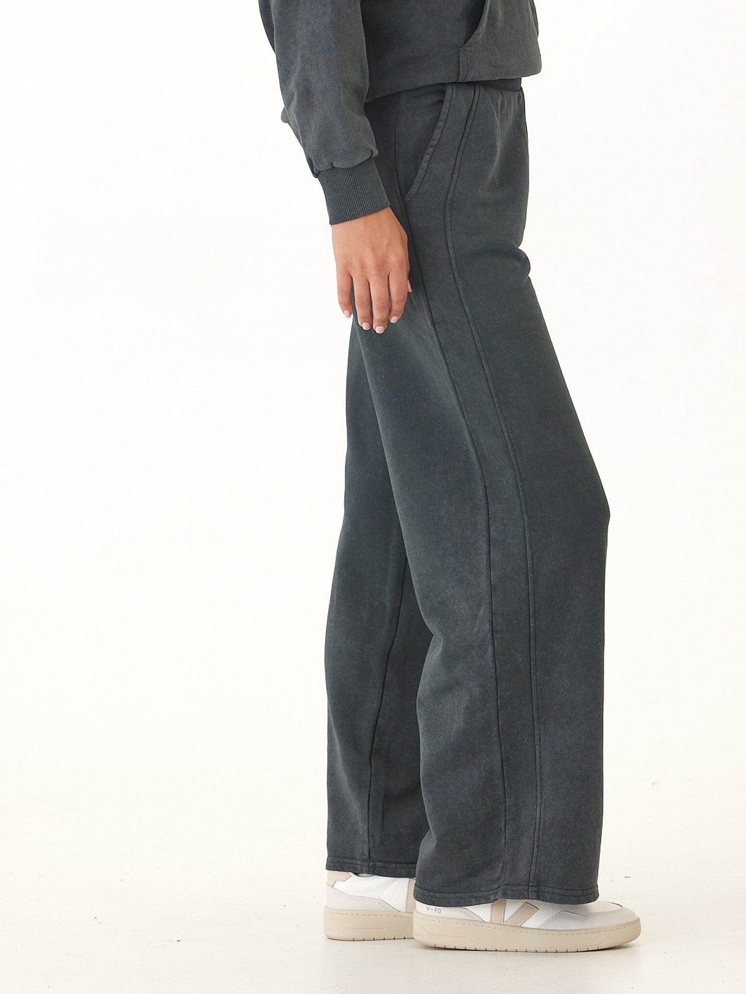 Core Feather Fleece Wide-Leg Sweatpant in Charcoal and Grey