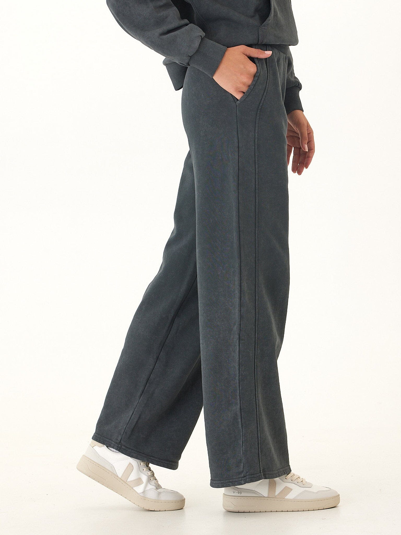 Core Feather Fleece Wide-Leg Sweatpant in Charcoal and Grey