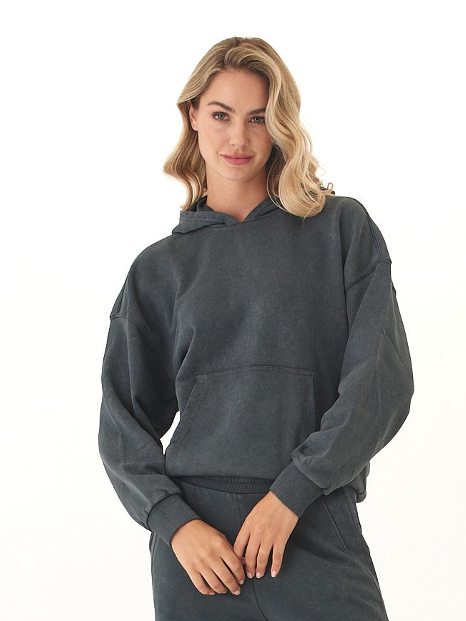 Tanya mineral wash cotton terry pullover hoodie in charcoal and black.