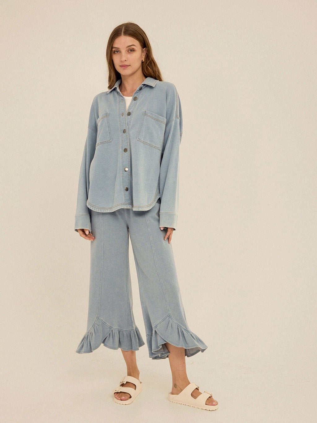 Blaire Denim Terry Button-Down Shirt in Light Blue