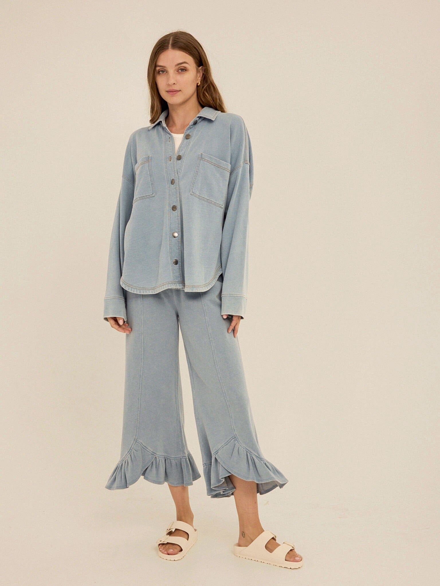 Blaire Denim Terry Button-Down Shirt in Light Blue