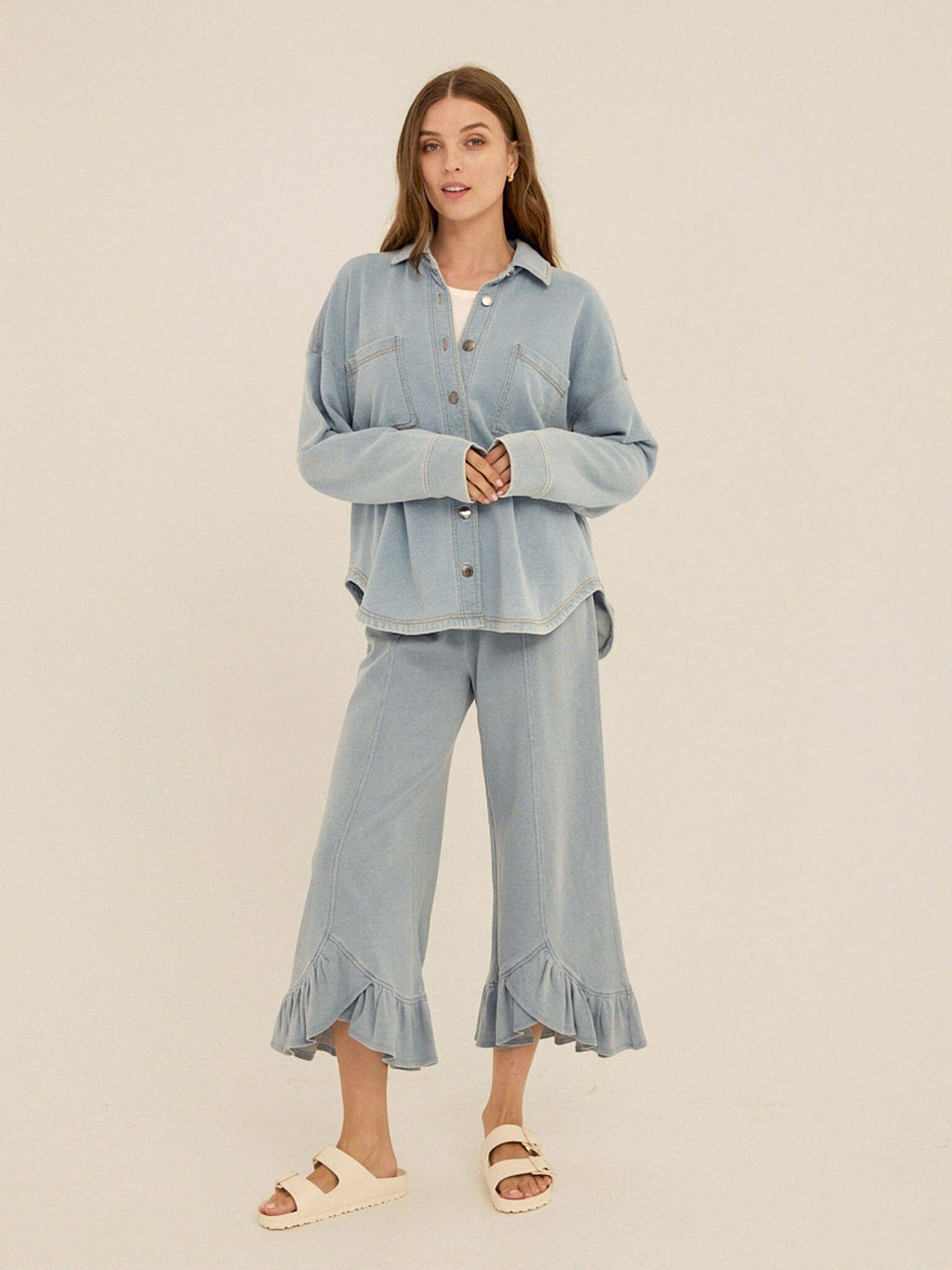 Blaire Denim Terry Button-Down Shirt in Light Blue