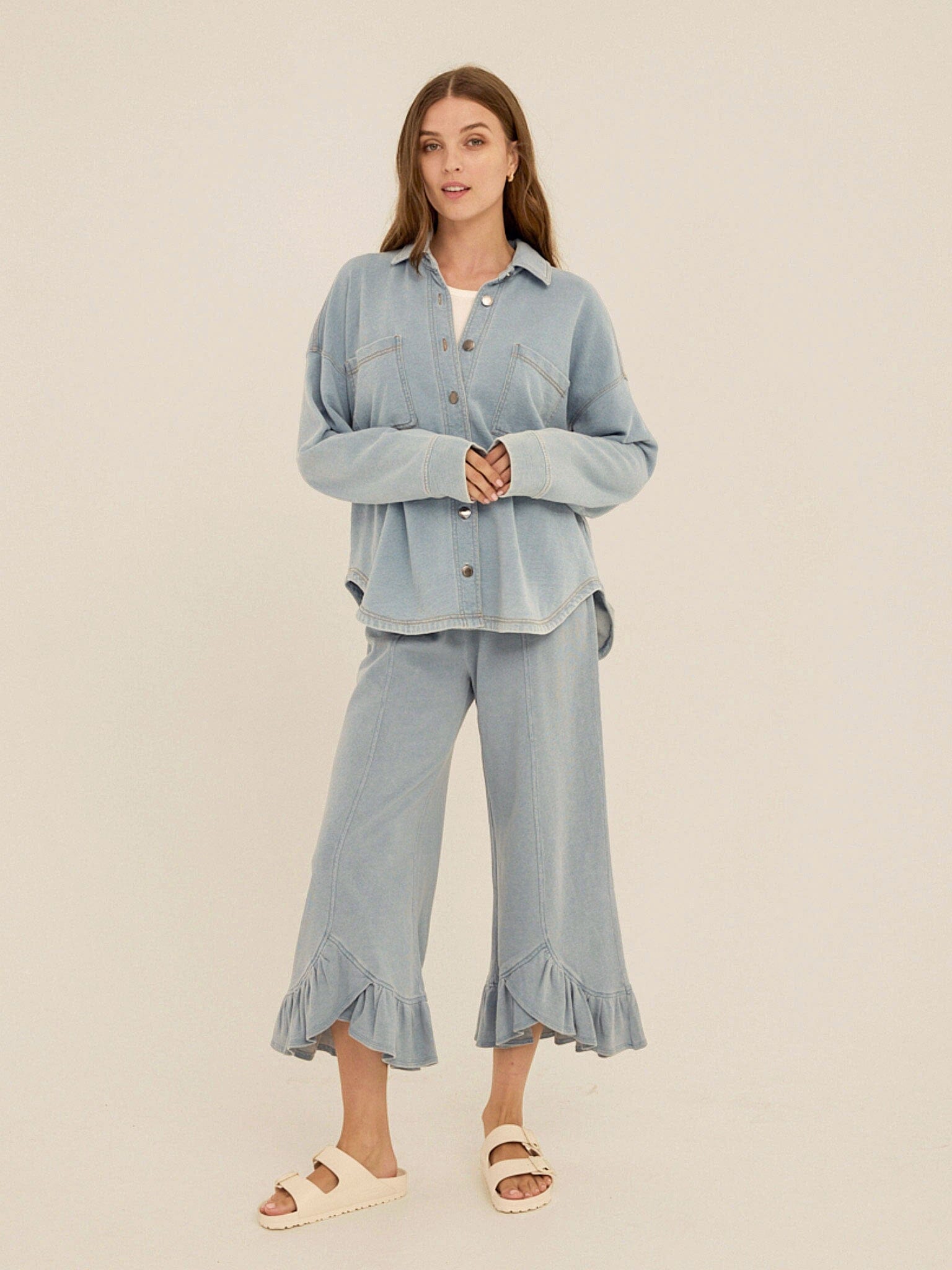 Blaire Denim Terry Button-Down Shirt in Light Blue
