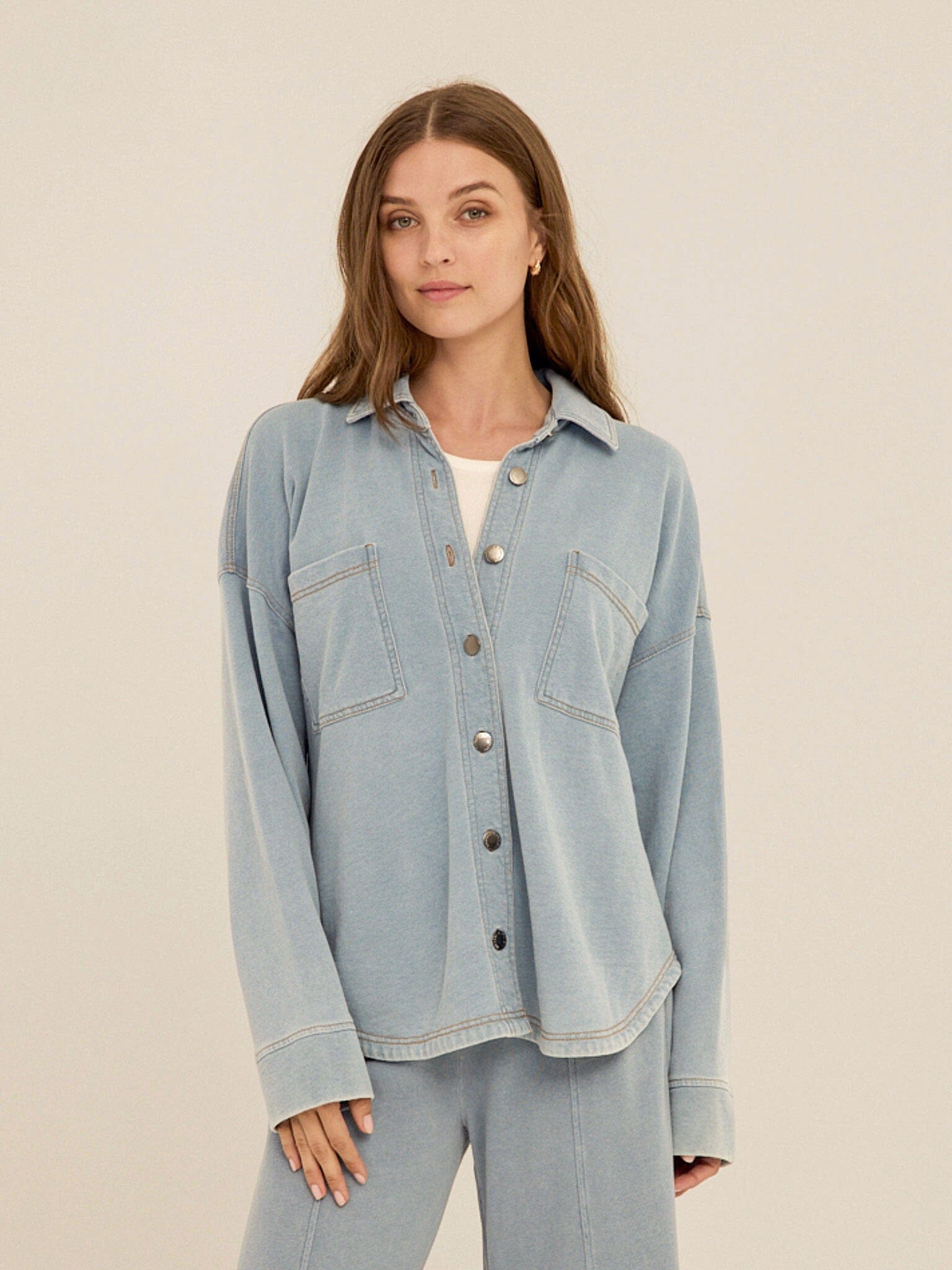 Blaire Denim Terry Button-Down Shirt in Light Blue