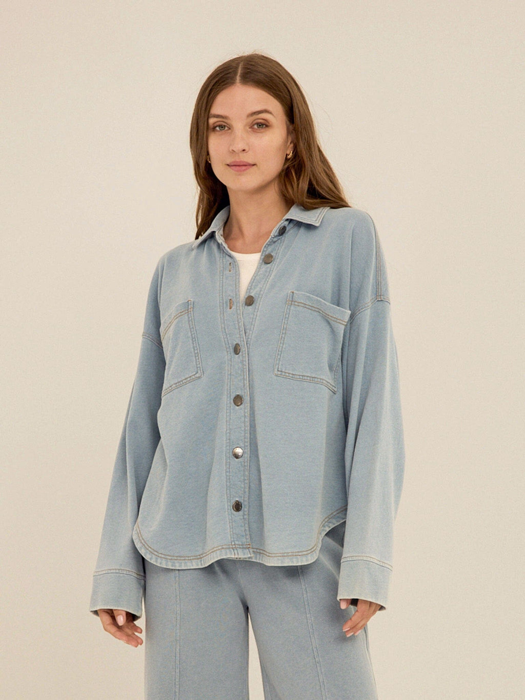 Blaire Denim Terry Button-Down Shirt in Light Blue