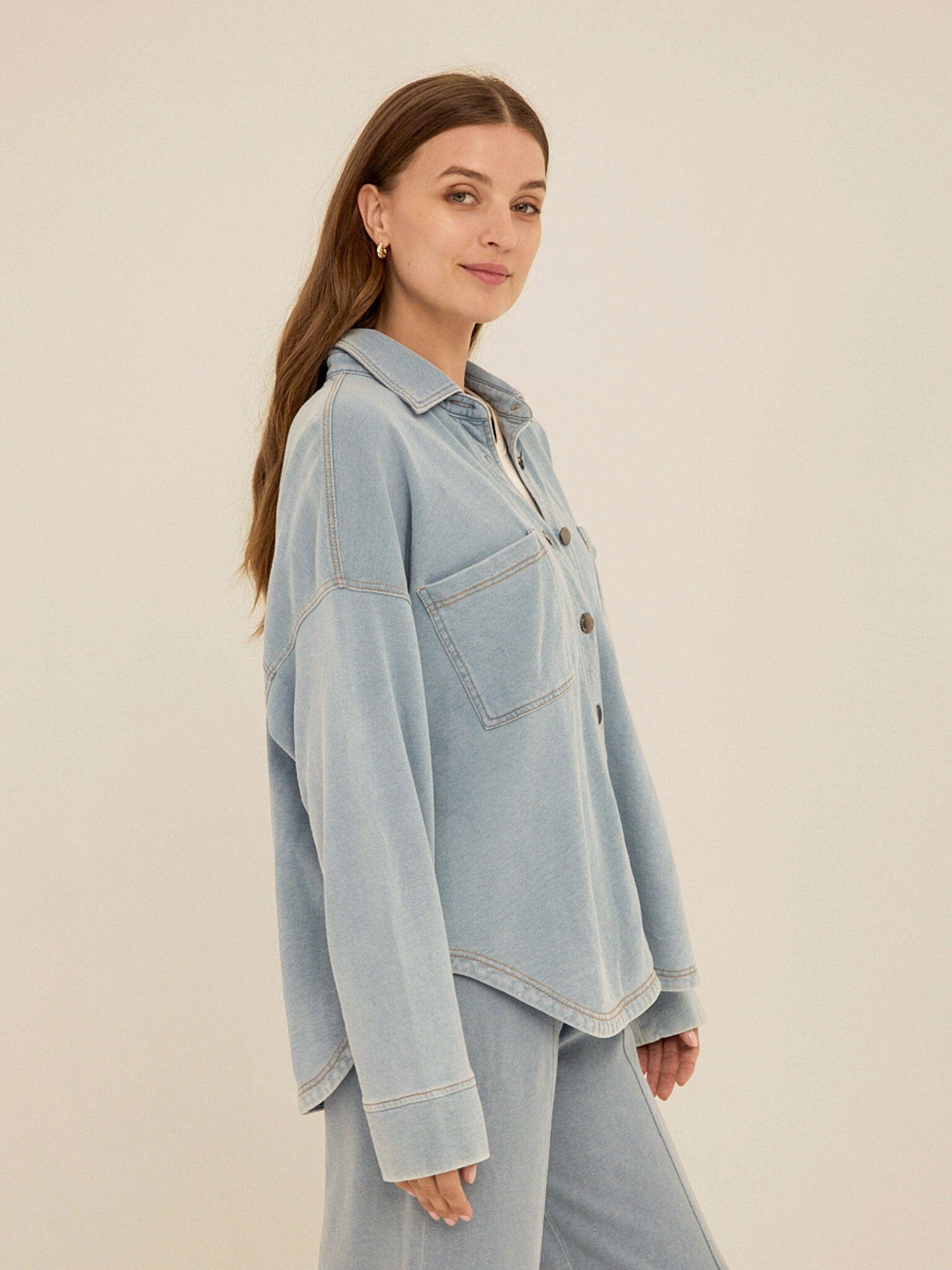Blaire Denim Terry Button-Down Shirt in Light Blue