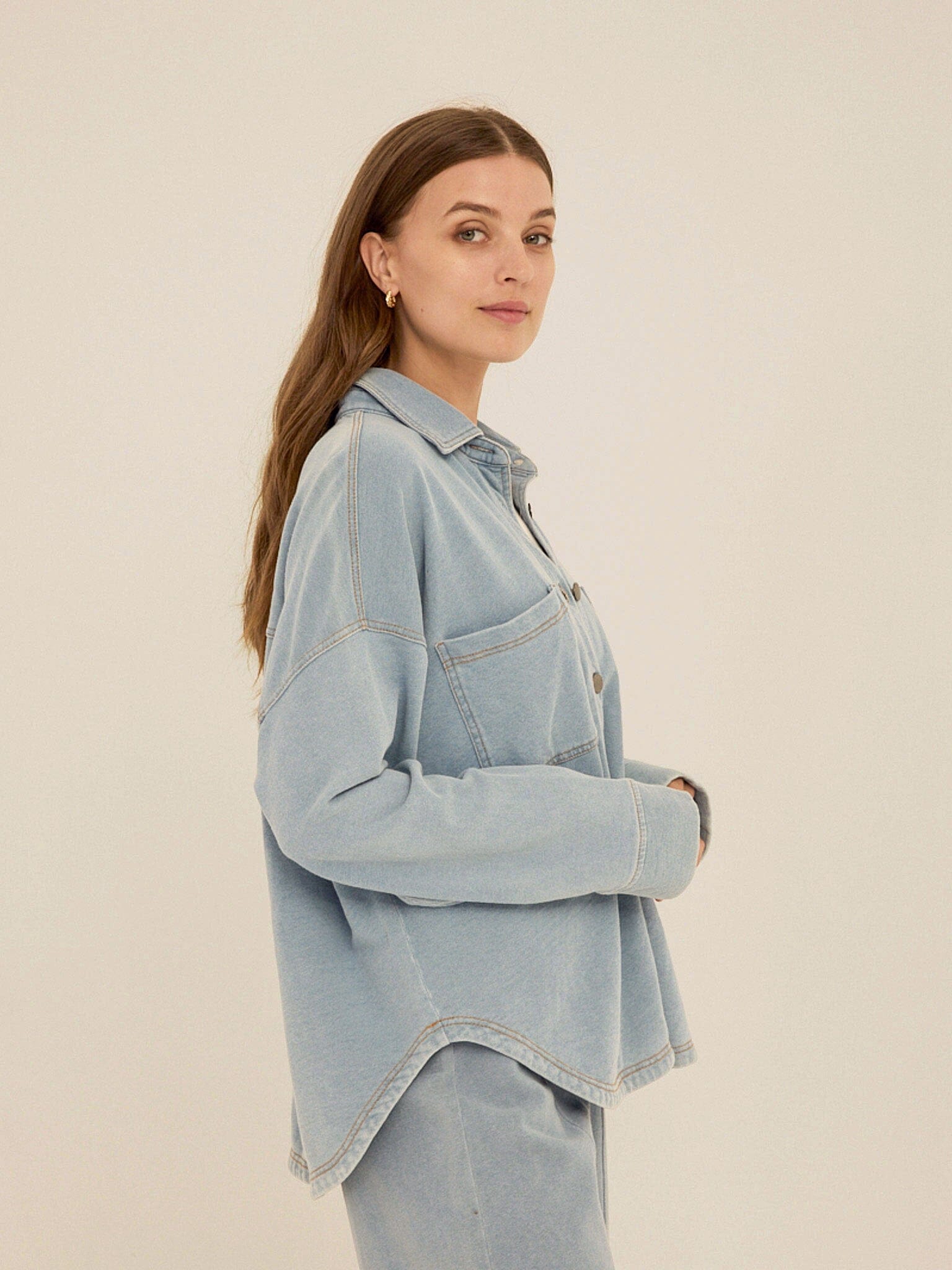 Blaire Denim Terry Button-Down Shirt in Light Blue