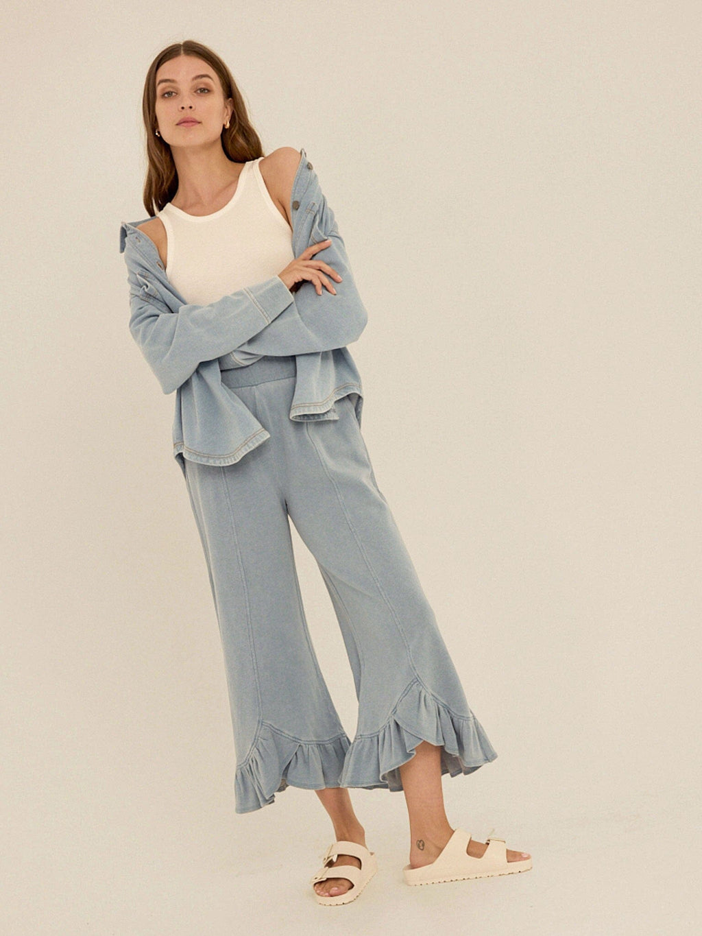 Akela Denim Terry Ruffle Capri Pant