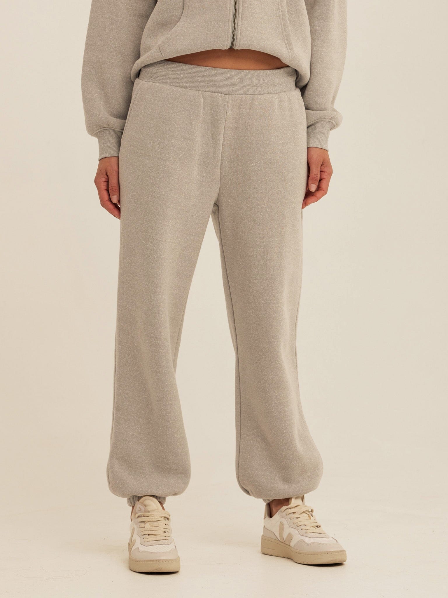 Close up of soft Triblend Fleece fabric on a pair of relaxed fit grey joggers