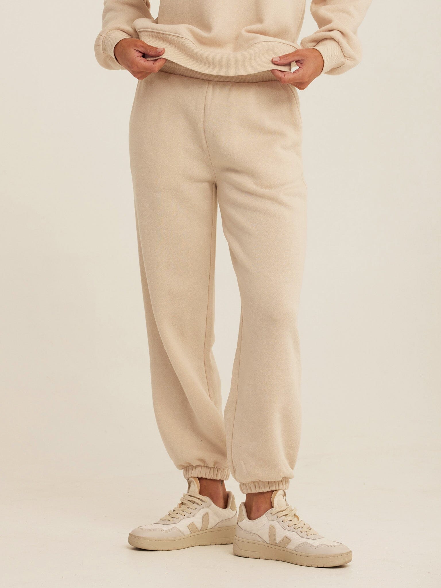 Close up of soft Triblend Fleece fabric on a pair of relaxed fit grey joggers
