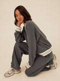 Model wearing Bellona Triblend Fleece wide-leg pants in slate-blue with contrast waistband