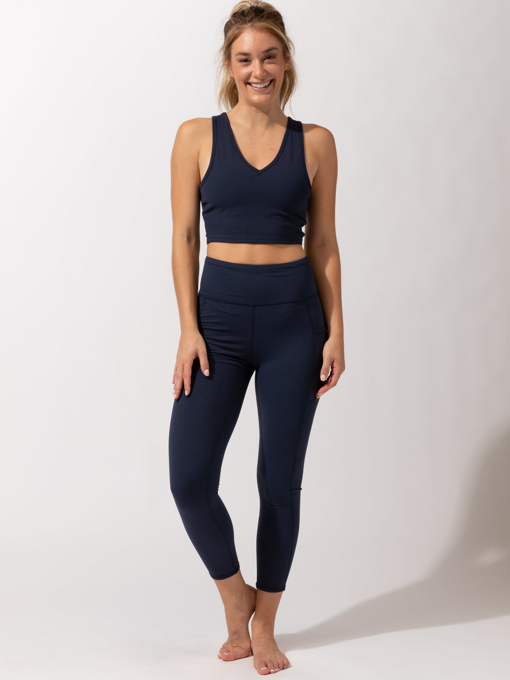 Comfort Fit High-Rise Ankle Leggings with Pockets in Navy Blue