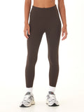 A pair of solid brown high-rise ankle length leggings in a fitted, sporty style.