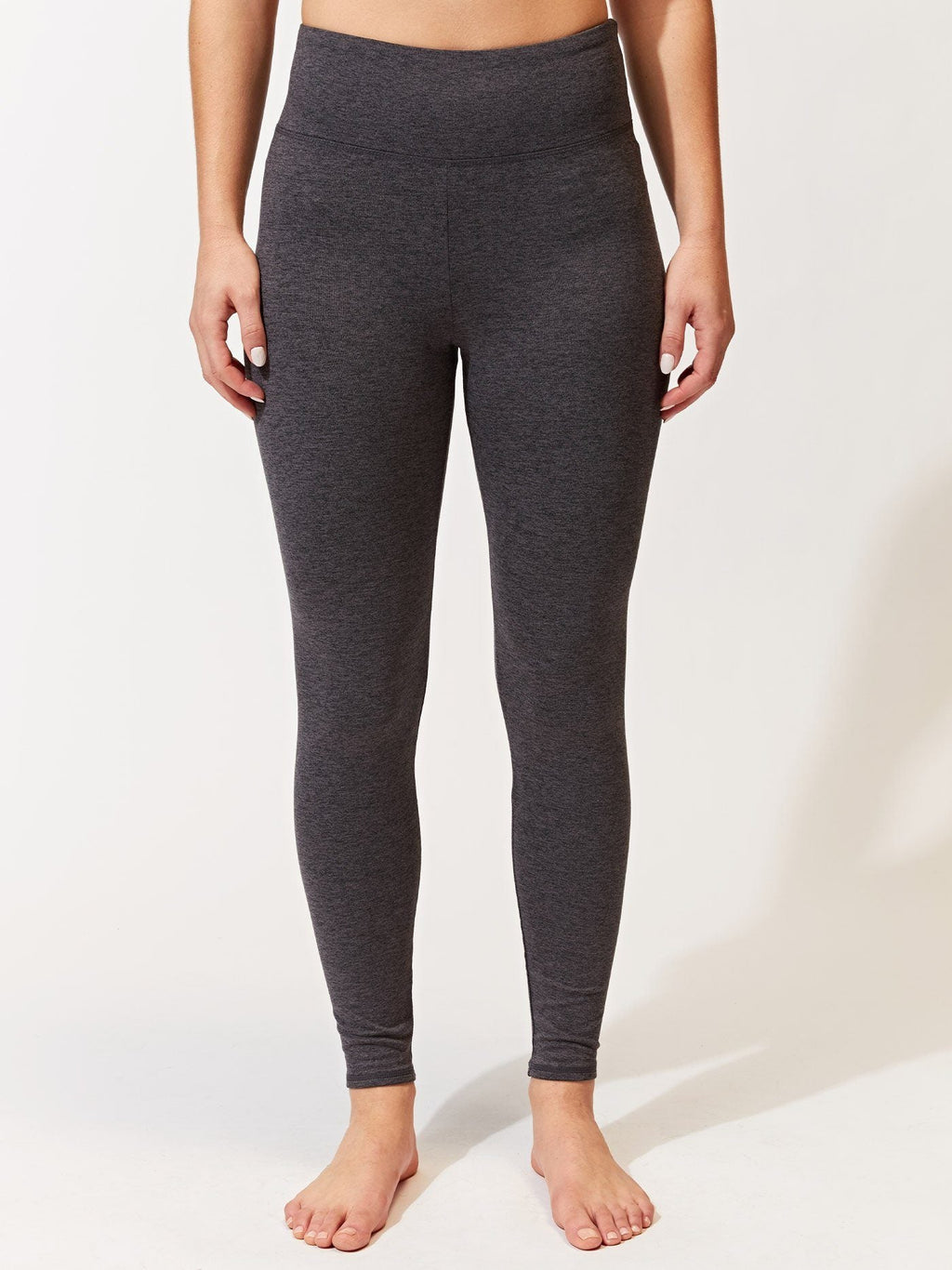 Women's charcoal grey high-rise full-length knit leggings in a minimalist style.