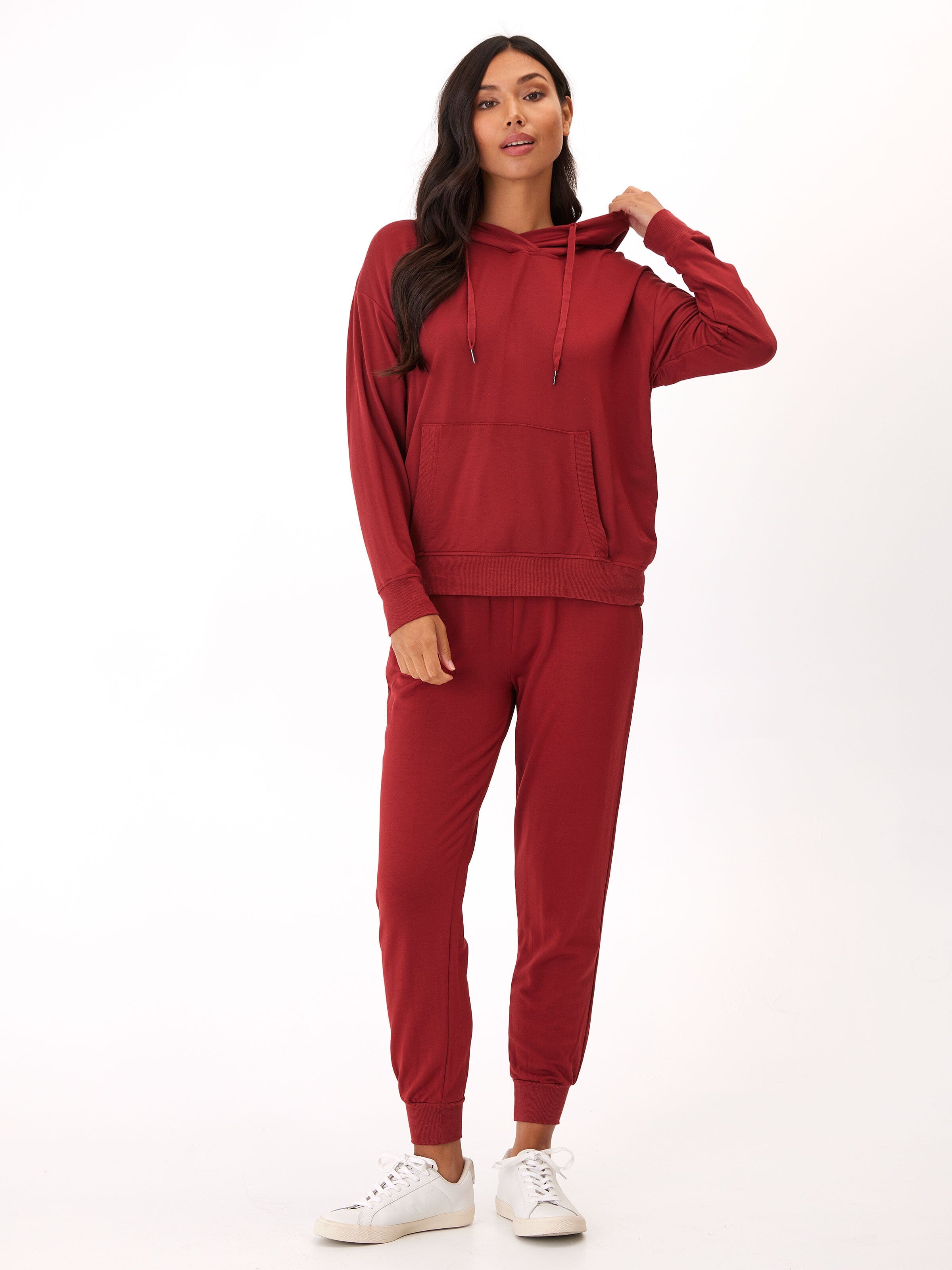 Madge Feather Fleece Pullover Hoodie in Deep Red