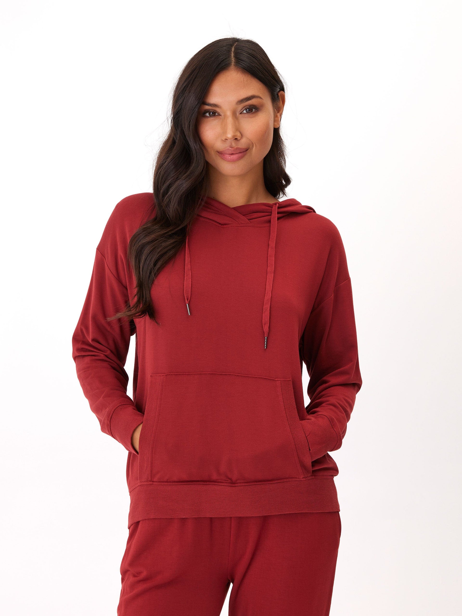 Madge Feather Fleece Pullover Hoodie in Deep Red