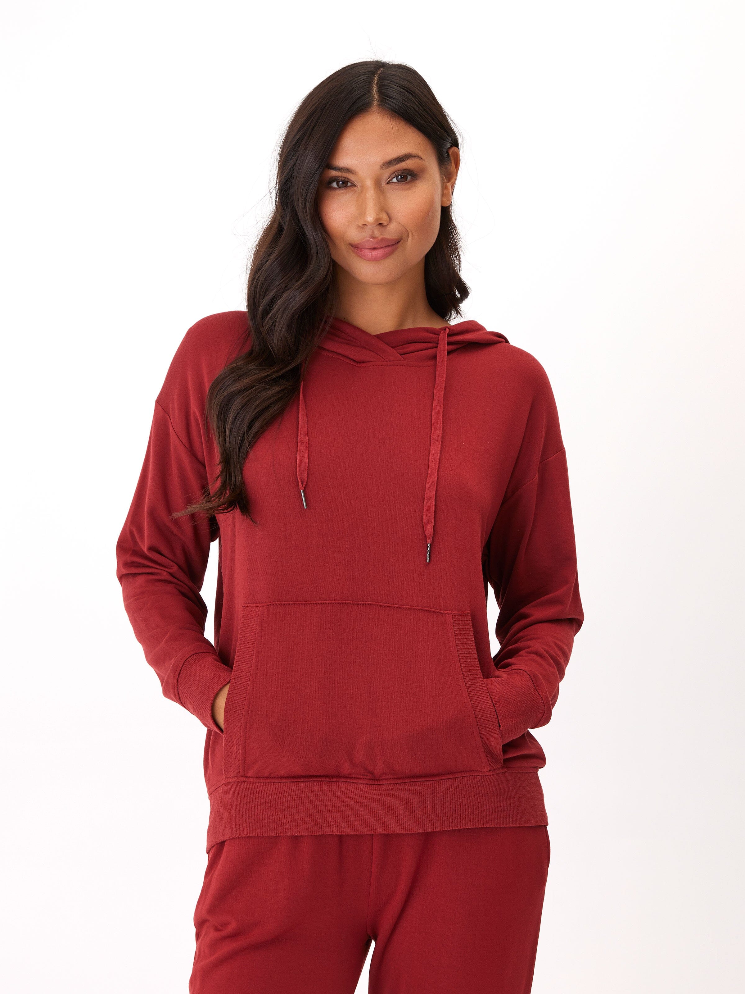 Madge Feather Fleece Pullover Hoodie in Deep Red