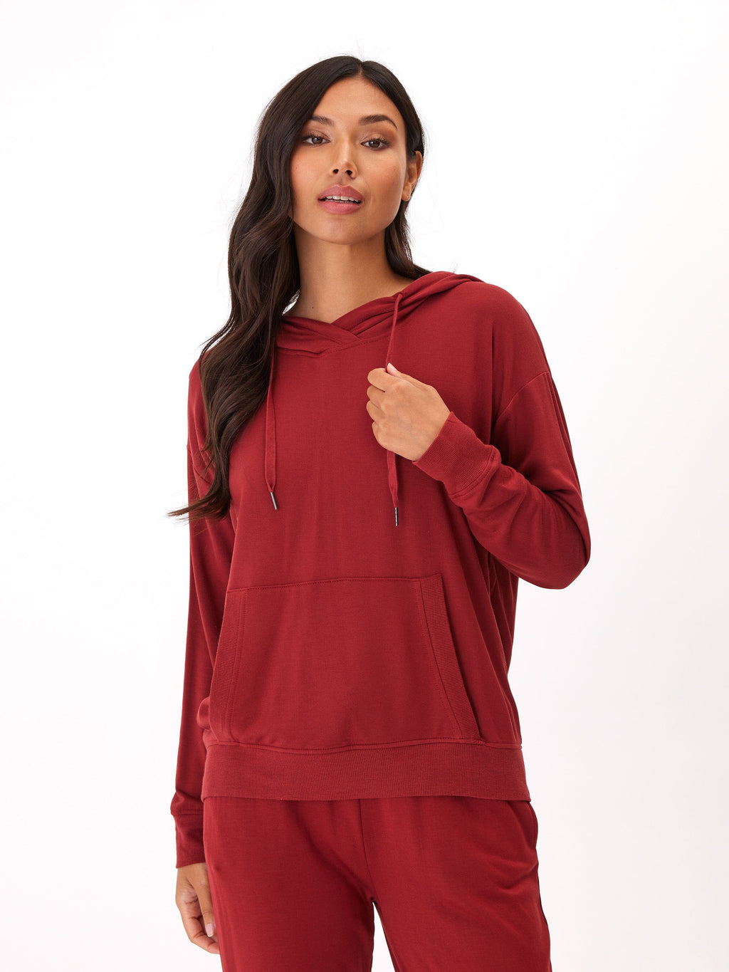 Madge Feather Fleece Pullover Hoodie in Deep Red