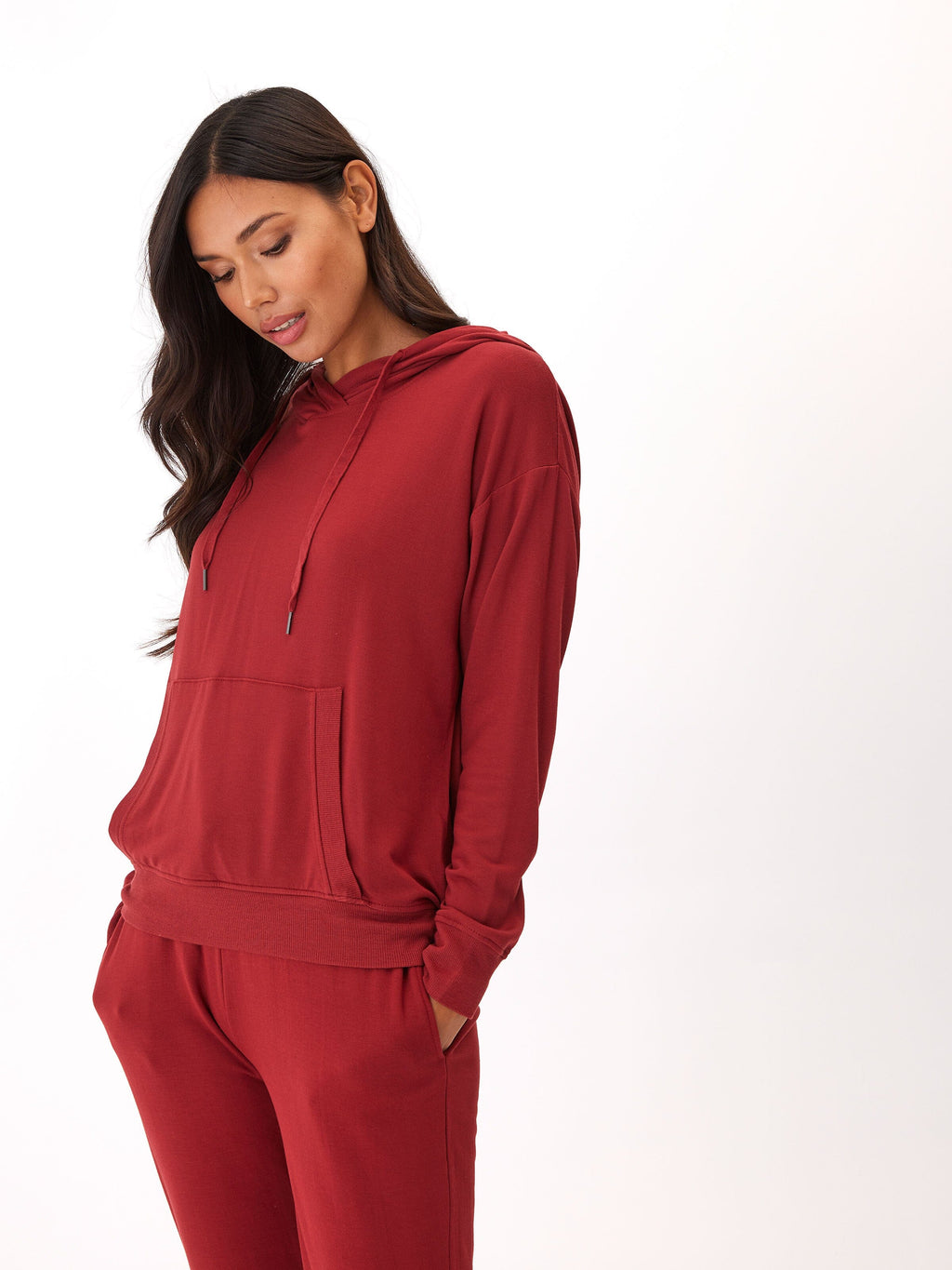 Madge pullover hoodie in deep red FeatherLoop Fleece with hood and pockets
