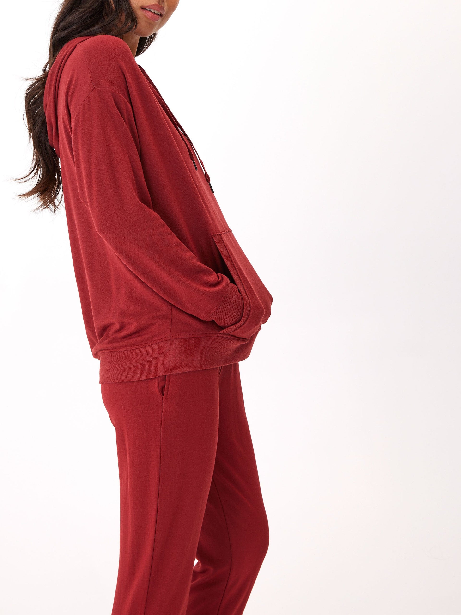 Madge Feather Fleece Pullover Hoodie in Deep Red