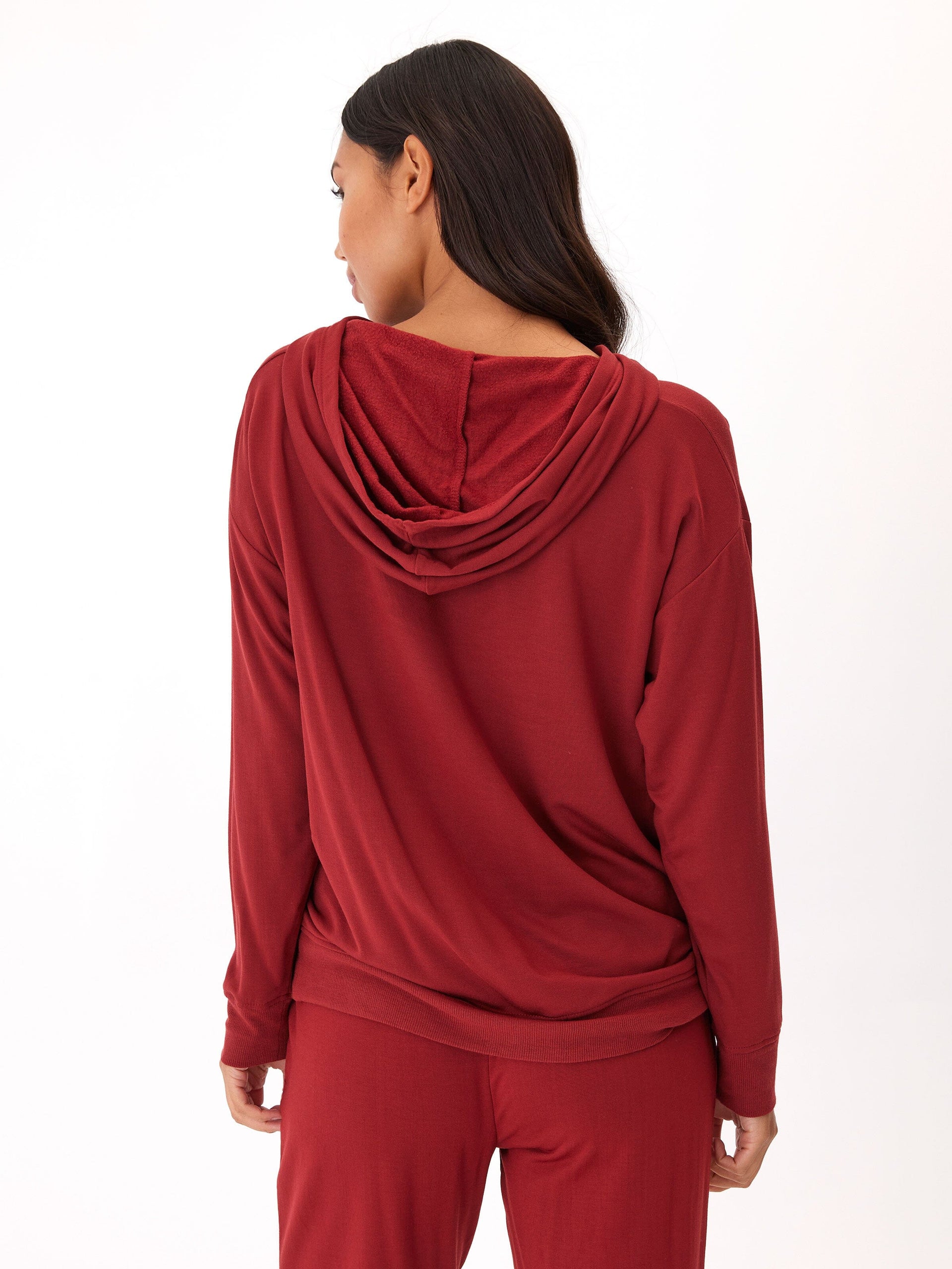 Madge Feather Fleece Pullover Hoodie in Deep Red