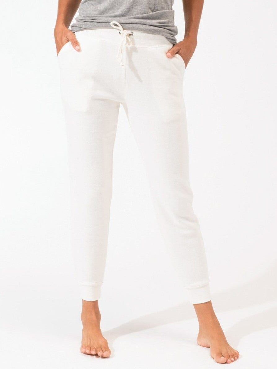 Women's white slim fit triblend jogger pants with drawstring and side pockets