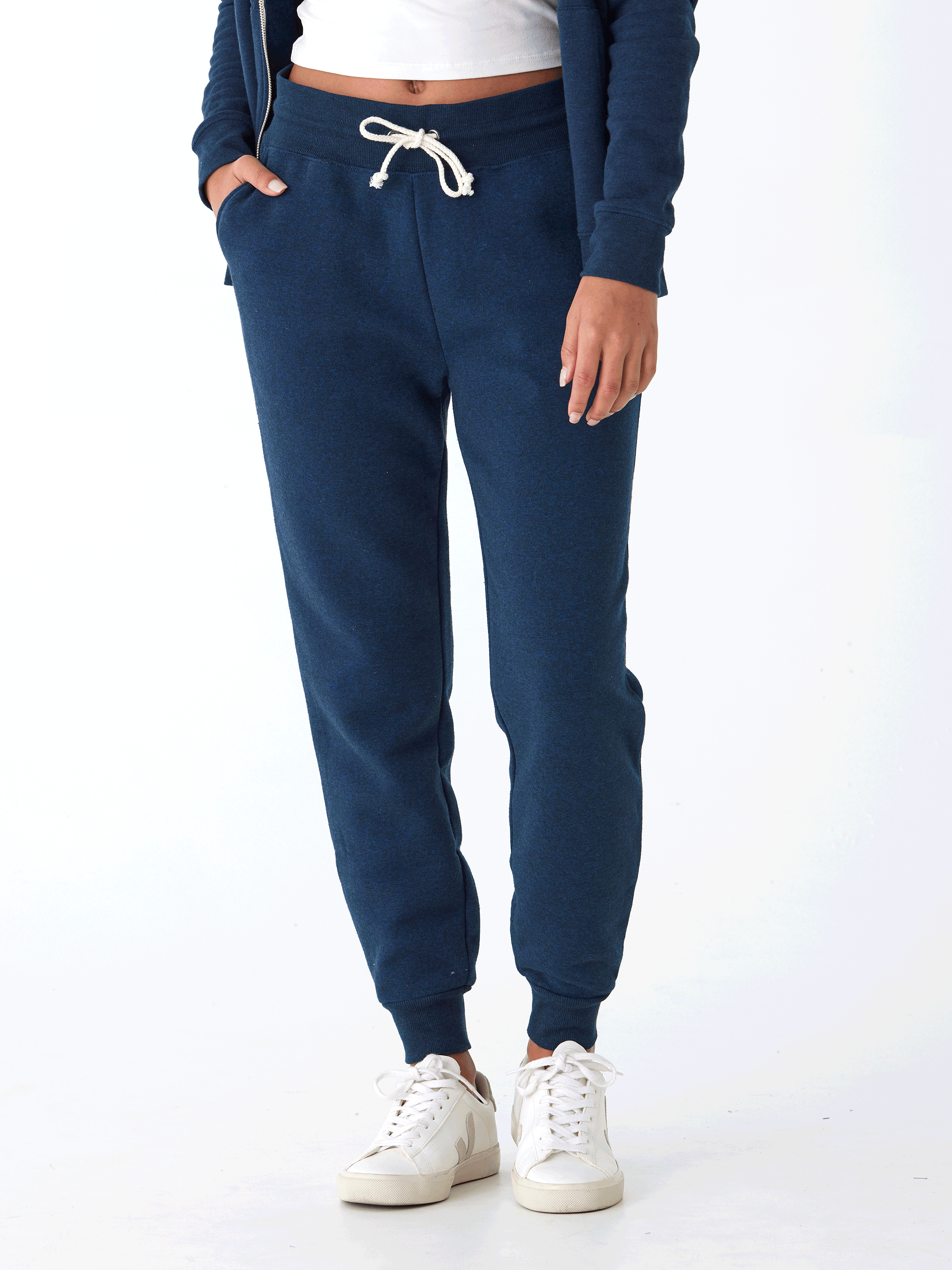Women's slim fit navy-blue triblend jogger with side pockets and a drawstring waist